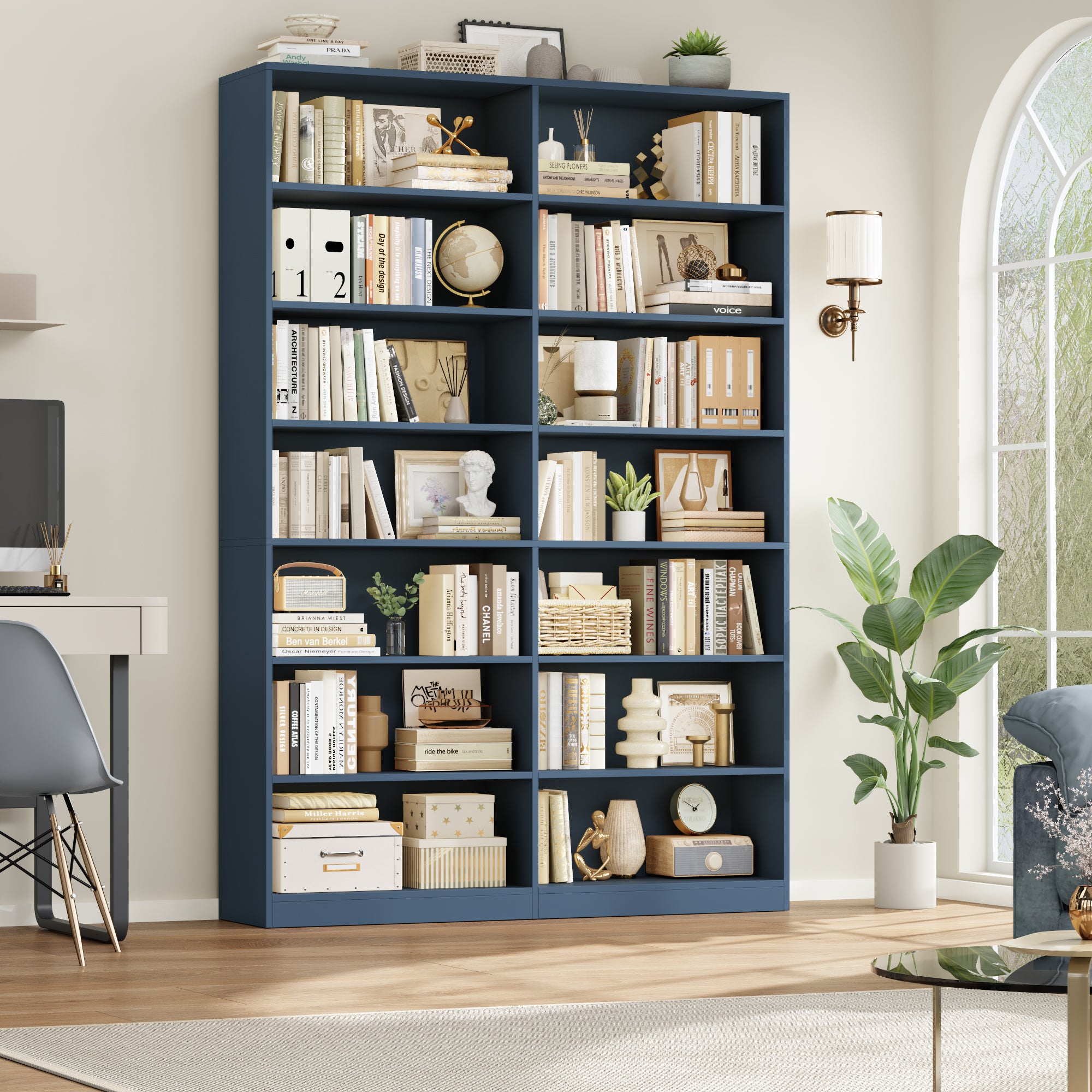 Hiphuta 84"H Wooden Double 7-Tier Tall Bookcase, Standard Bookcase for Living Room and Office, Freestanding Display Storage Shelves, Blue