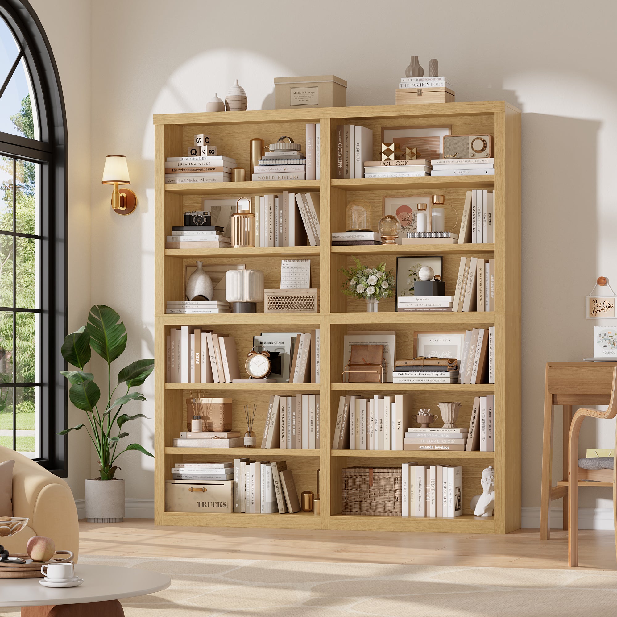 Hiphuta 63"W Extra Large and Sturdy Bookcase, Double Wide 6-Tier Bookshelf, Tall Bookcase for Home Office and Living Room, Wooden Freestanding Display Shelf, Natural