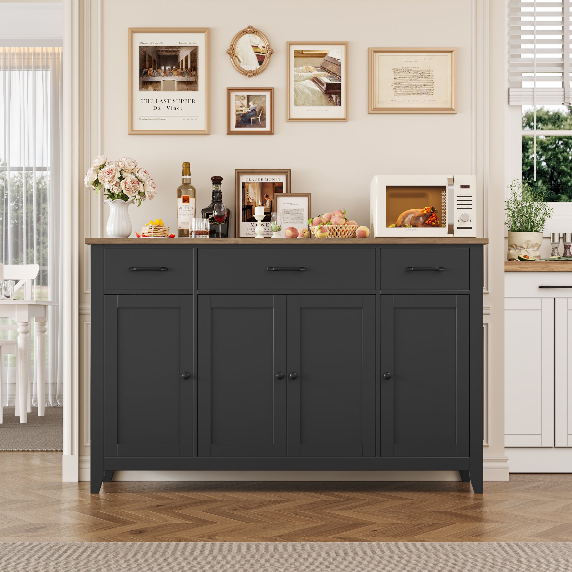 Hiphuta 55"Wide Buffet Cabinet with 2 Adjustable Shelves, Modern Farmhouse Coffee Bar with 3 Drawers and Sturdy Base for Living Room, Black