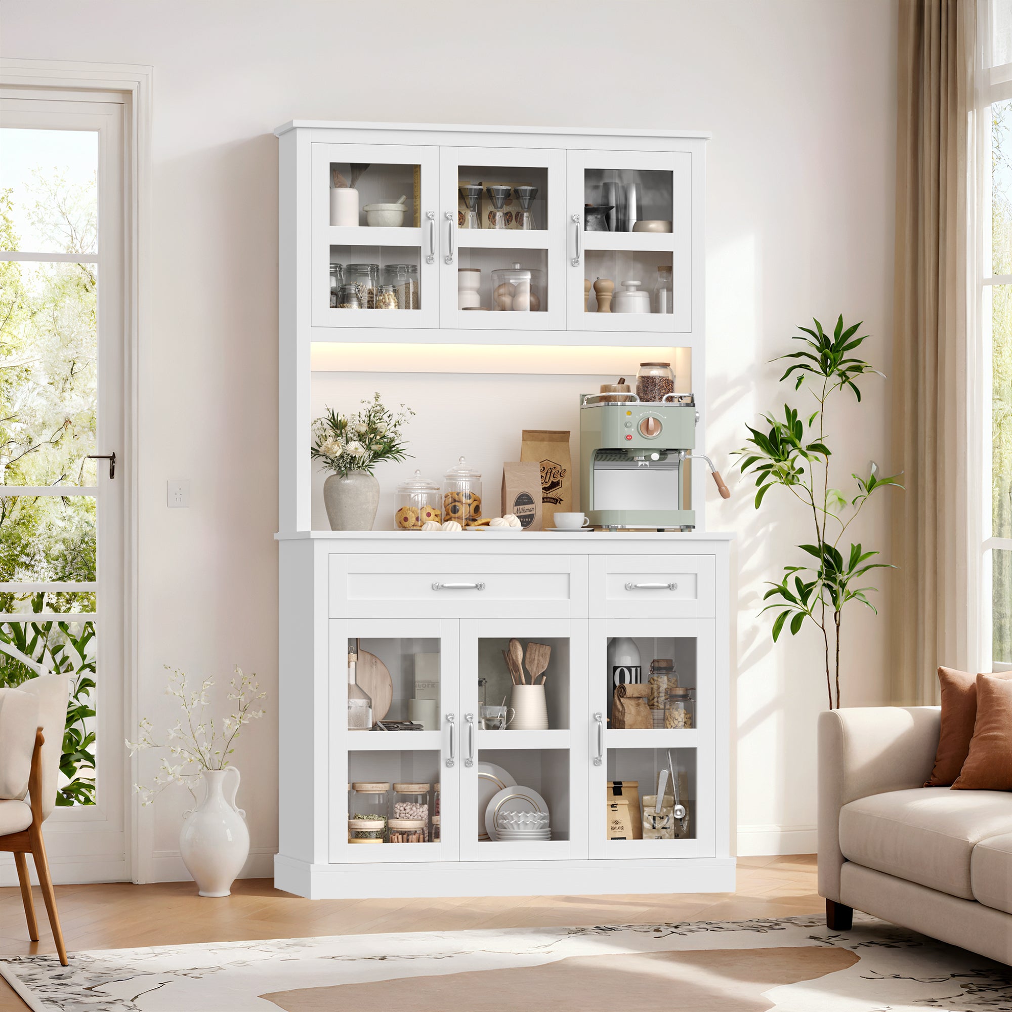 Hiphuta 71" Pantry Cabinet with Charging Station, Kitchen Pantry Storage Cabinet with Microwave Stand & Wine Rack, Kitchen Hutch Cabinet with Storage Drawers, Food Pantry Cabinet with Countertop for Dining Room, White