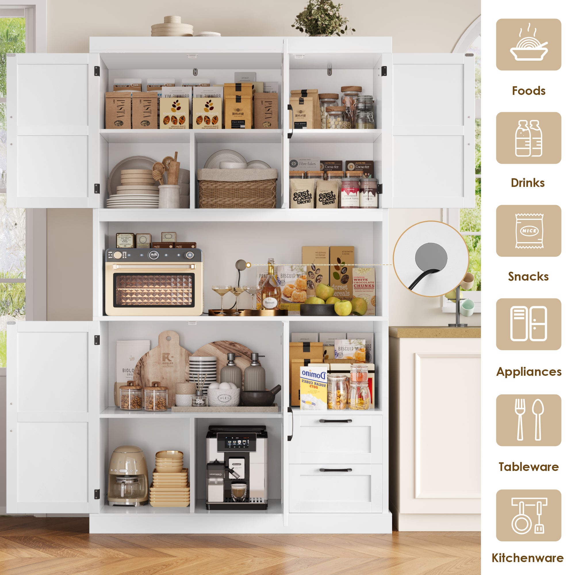 Hiphuta 76" Farmhouse Kitchen Pantry Storage Cabinet, Freestanding Hutch with 5 Doors, 2 Drawers & Microwave Stand, Cupboard for Kitchen, White