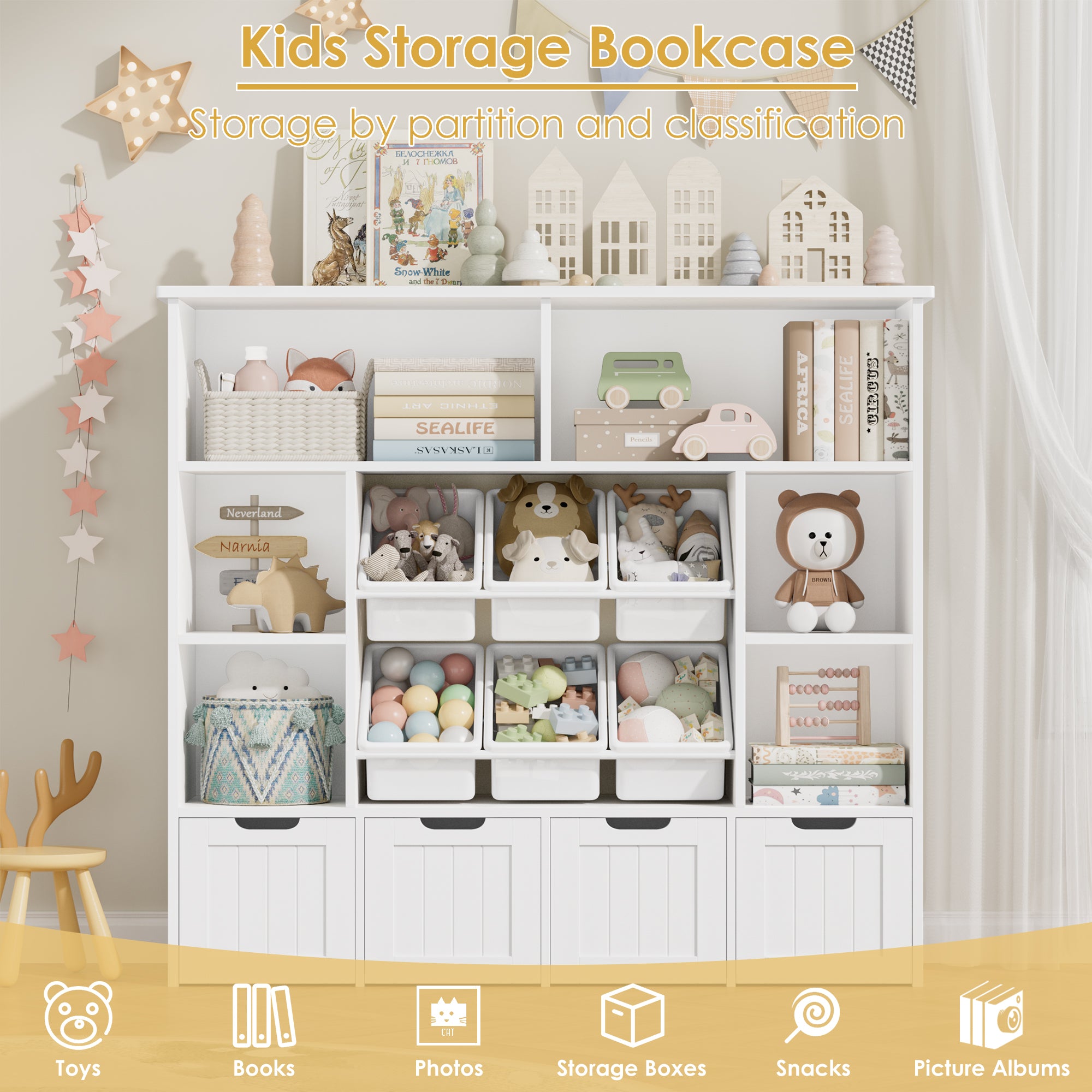 Hiphuta Large 4 Tier Kids Toy Organizer, Wood Toy Organizer of 6 Bins& 4 Removable Drawers, Children's Bookcase for Family Room, White