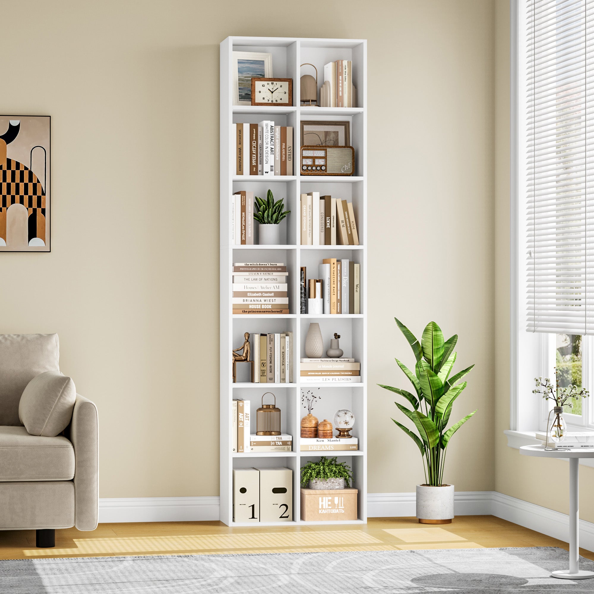 Hiphuta Tall Narrow Bookshelf 14 Tiers, Compact Corner Bookcase, Easy to Match for Living Room, Office, Study, Bedroom, White
