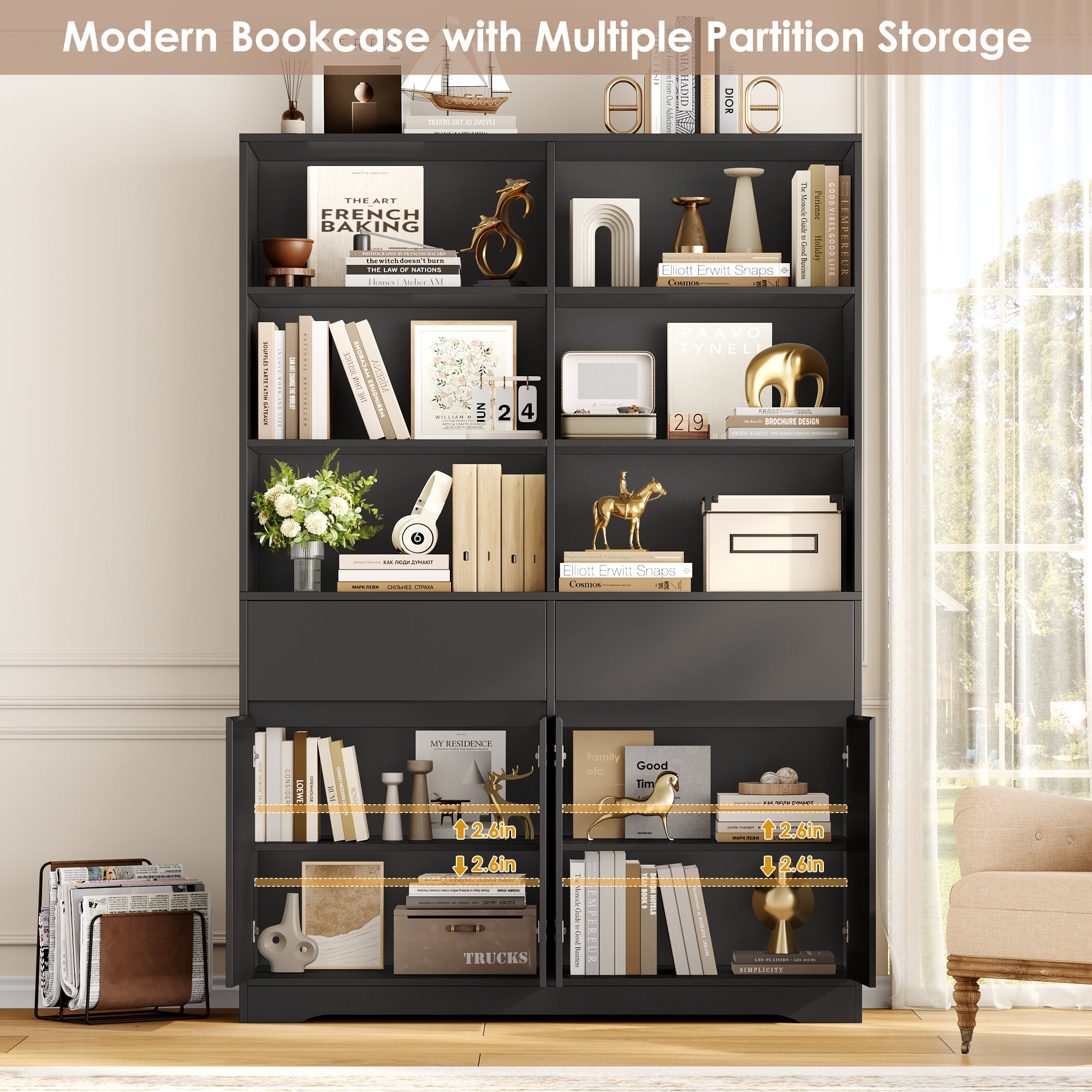 Hiphuta 69"H Modern Bookcases with Doors & Drawers, Large Wooden Display Shelf for Home Office, Wooden Storage Bookshelf for Living Room, Black