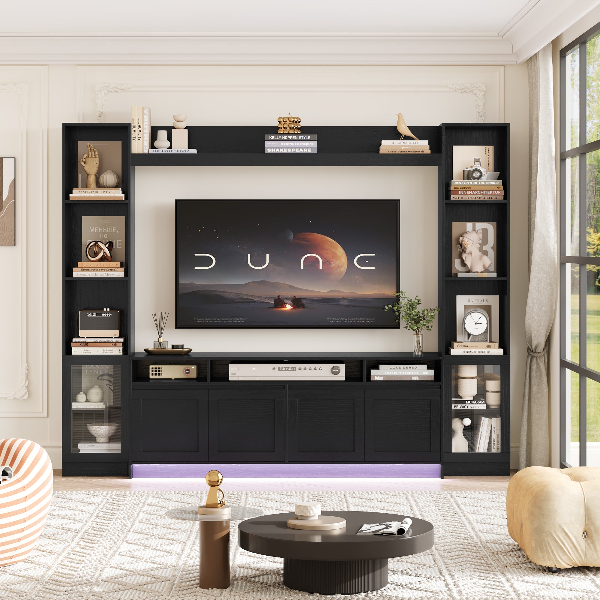 Hiphuta 79" W Wall Unit Entertainment Center for TVs up to 65", Farmhouse Wall Unit TV Stand with Bookshelves and Cabinet, Entertainment Center with LED Lights for Living Room, Black