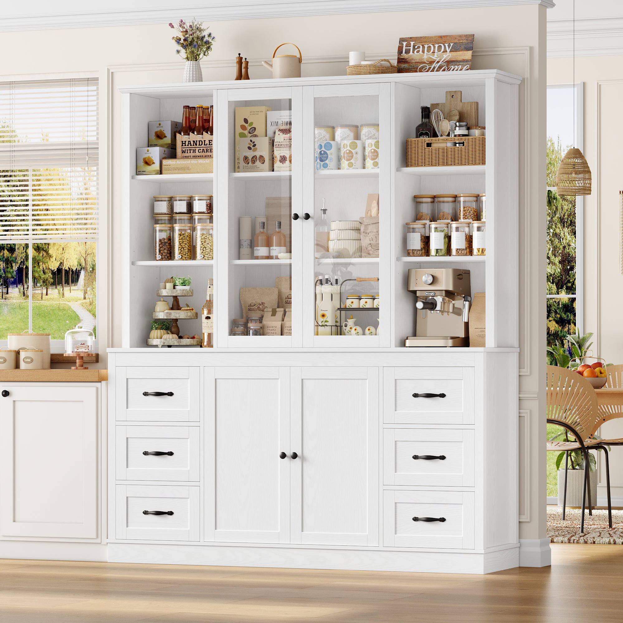 Hiphuta 63" Wide Large Kitchen Pantry Cabinet with Glass Door, 74" Tall Kitchen Storage Cabinet with 6 Drawers, Farmhouse kitchen Hutch for Kitchen Dining Room, White