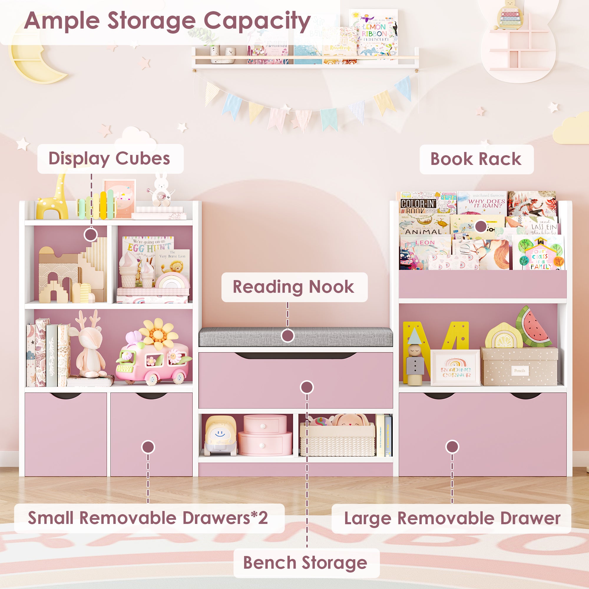Hiphuta 72"Wide Kids Bookshelf with Reading Nook and Under Bench Storage, Kids Bookcase with Toy Organizer & Book Rack for Kids, Pink