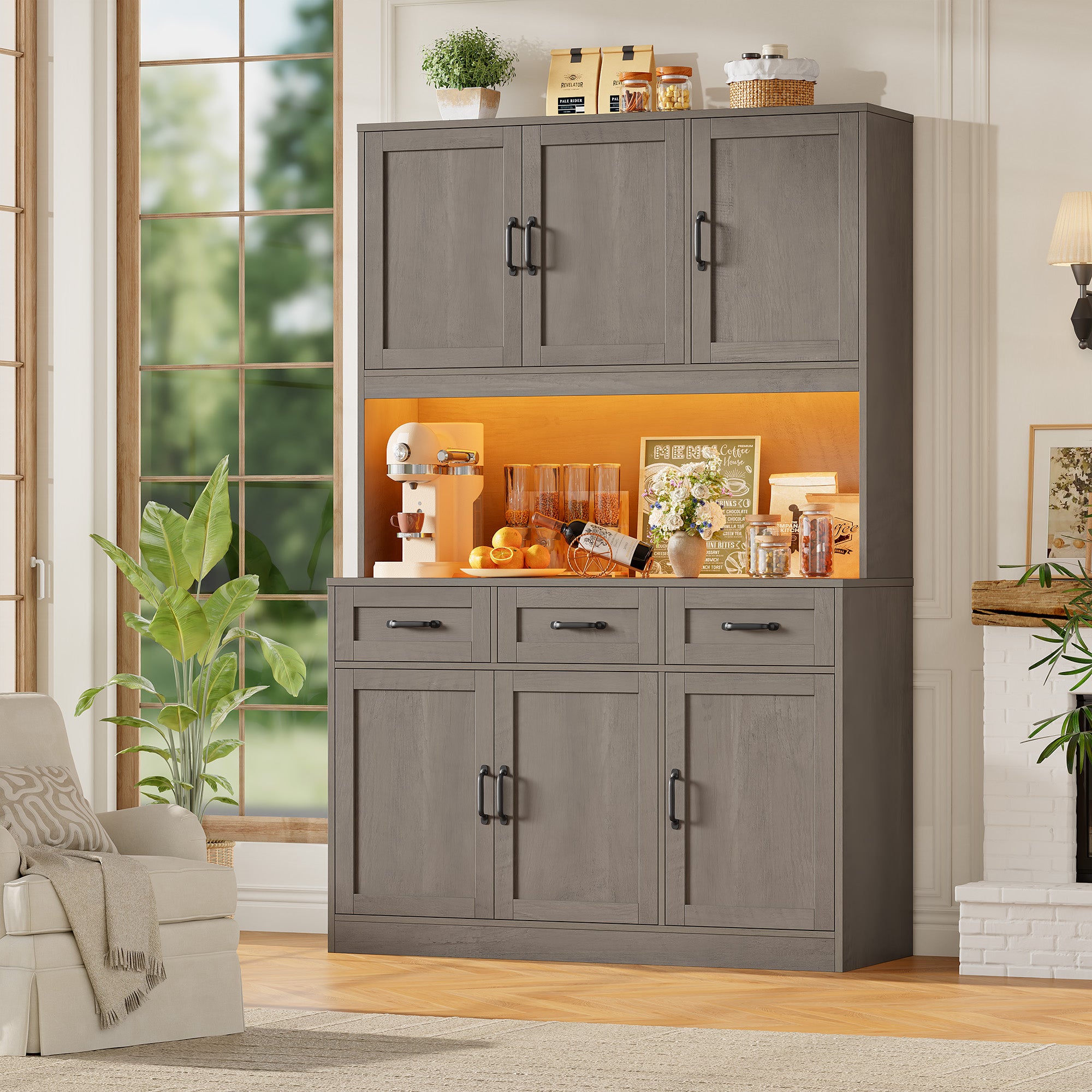 Hiphuta 72" Tall Kitchen Pantry Storgae Cabinet with RGB LED, Hutch Cabinet with Charging Station and Adjustable Shelves for Dining Room, Gray
