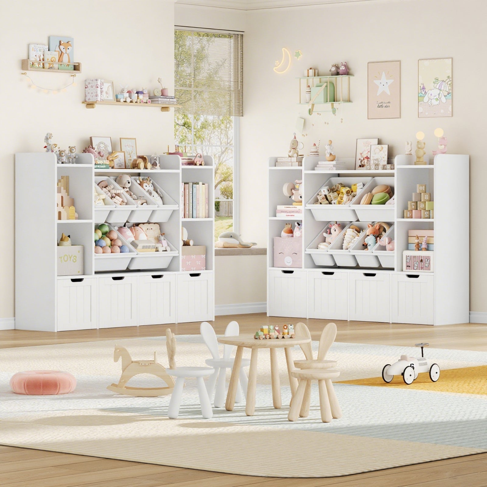 Hiphuta 3 Tier Kids Bookcase with Toy Storage Organizer, Wood Toy Organizer of 6 Boxes & 4 Removable Drawers, White