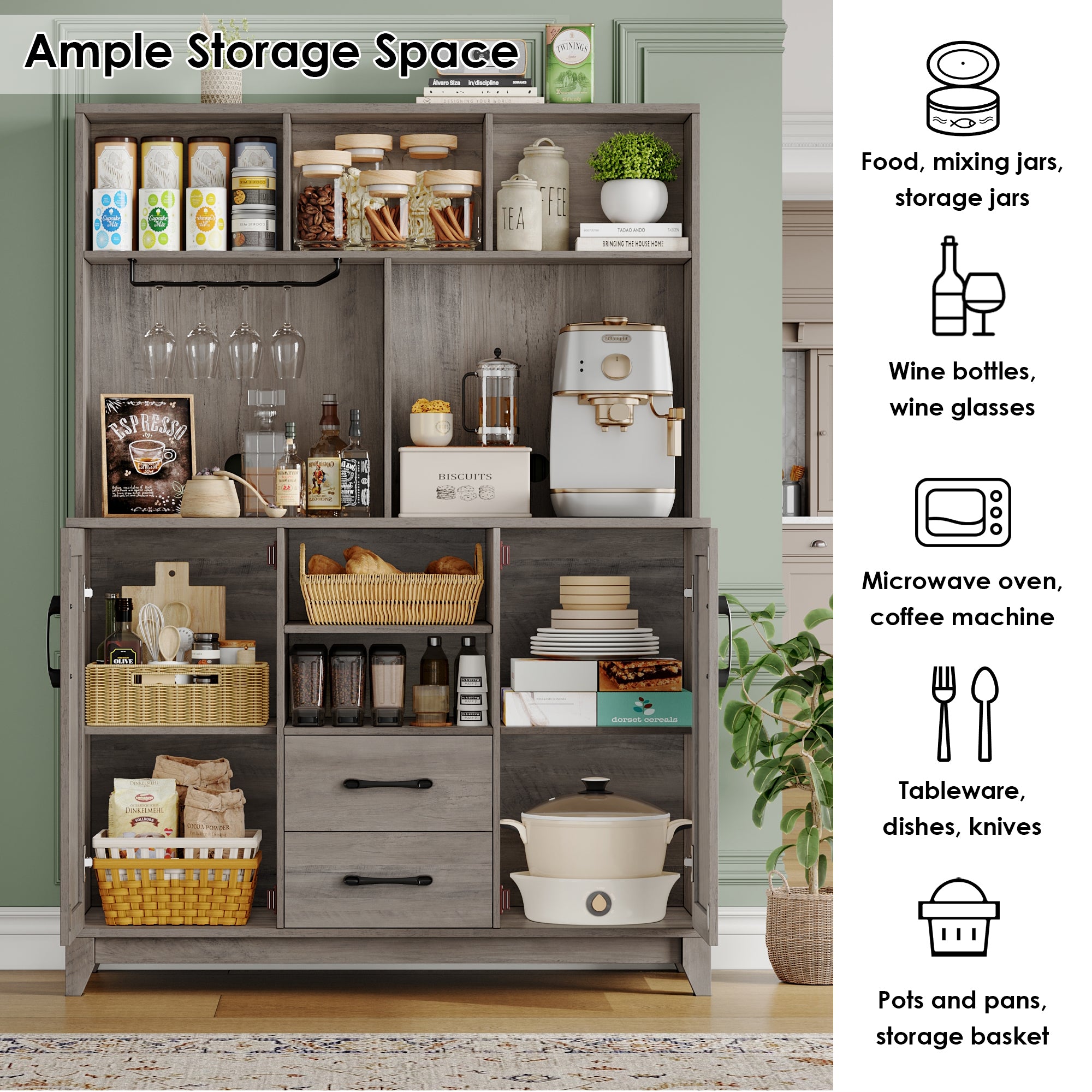 Hiphuta Kitchen Pantry Storage Cabinet, Food Pantry Cabinet with Microwave Stand, Farmhouse Wine Bar Cabinet, Coffee Bar Hutch with Wine Rack for Dining Room, Living Room, Ash Gray
