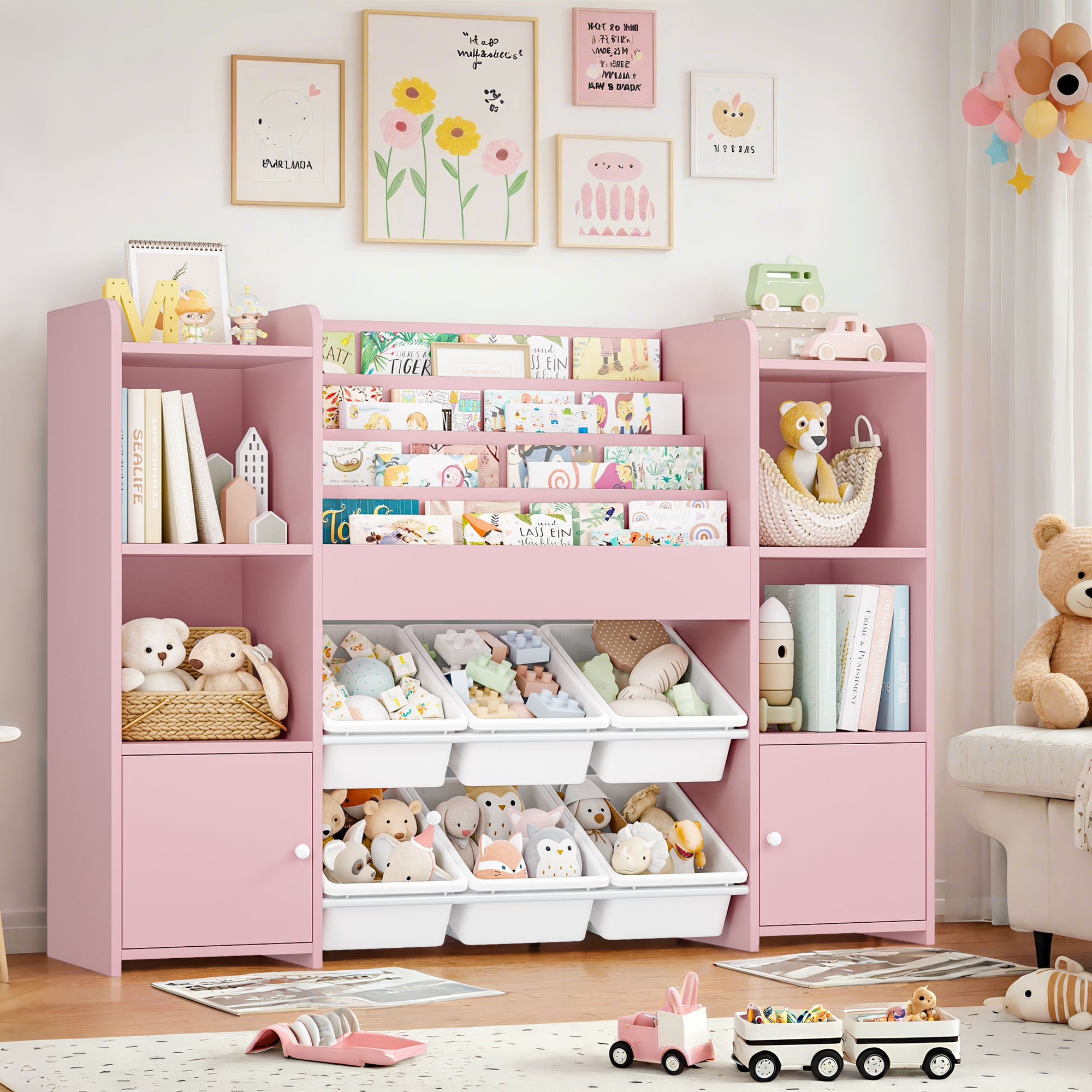 Hiphuta Kids Bookshelf with Toy Storage Organizer, Wood Bookcase Toy Organizer with 6 Removable Bins, Book Shelf for Kids Bedroom Playroom, Pink