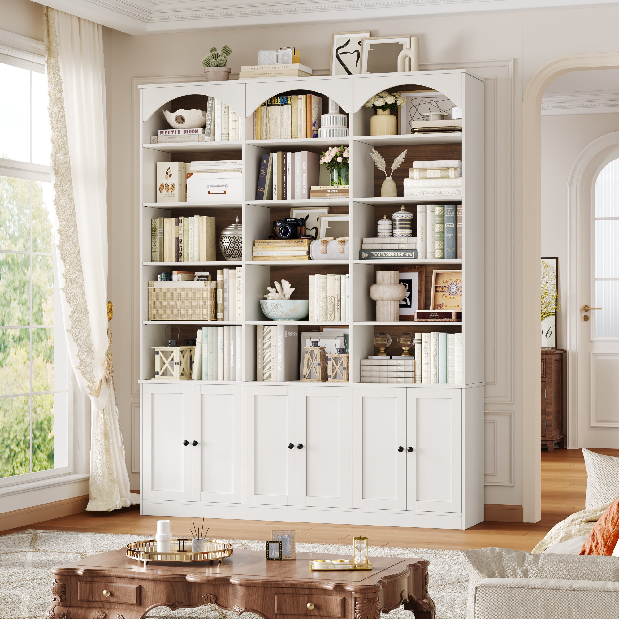 Hiphuta 78" Tall Triple Wide Bookcase with 6 Adjustable Shelves, Large Arched Book Shelf with 15 Cubes and 6 Doors, for Home Office Living Room, White & Walnut