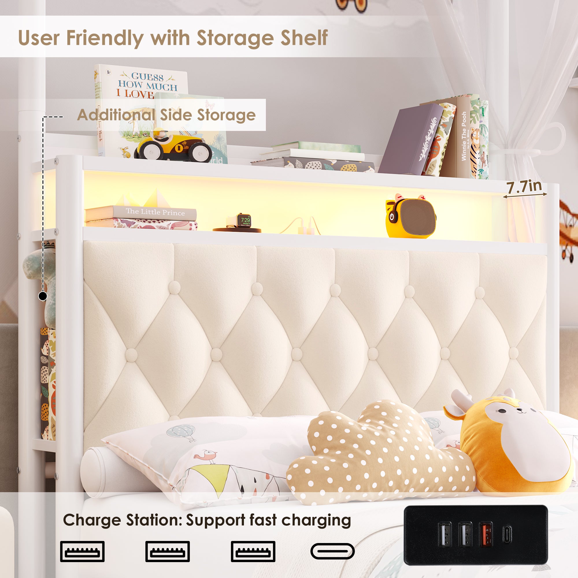 Hiphuta Twin Size Upholstered Princess Canopy Bed with Charging Station & Storage Drawer, LED Platform Bed with 4 Removable Posts, Twin Bed for Kids, Curtain Not Included, Beige