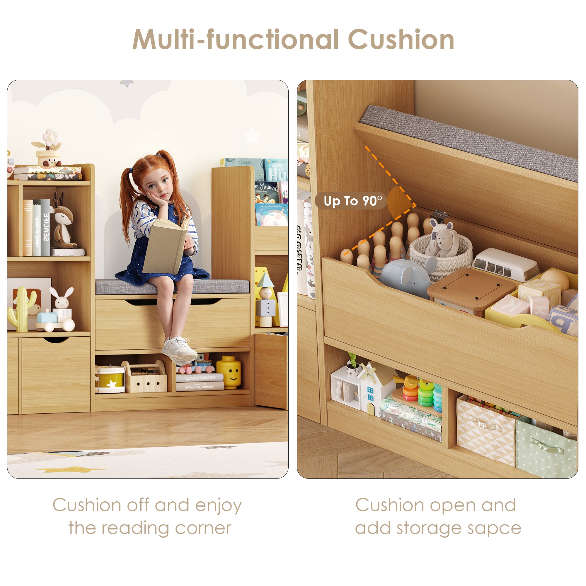 Hiphuta 72"Wide Kids Bookshelf with Reading Nook and Under Bench Storage, Kids Bookcase with Toy Organizer & Book Rack for Kids, Natural