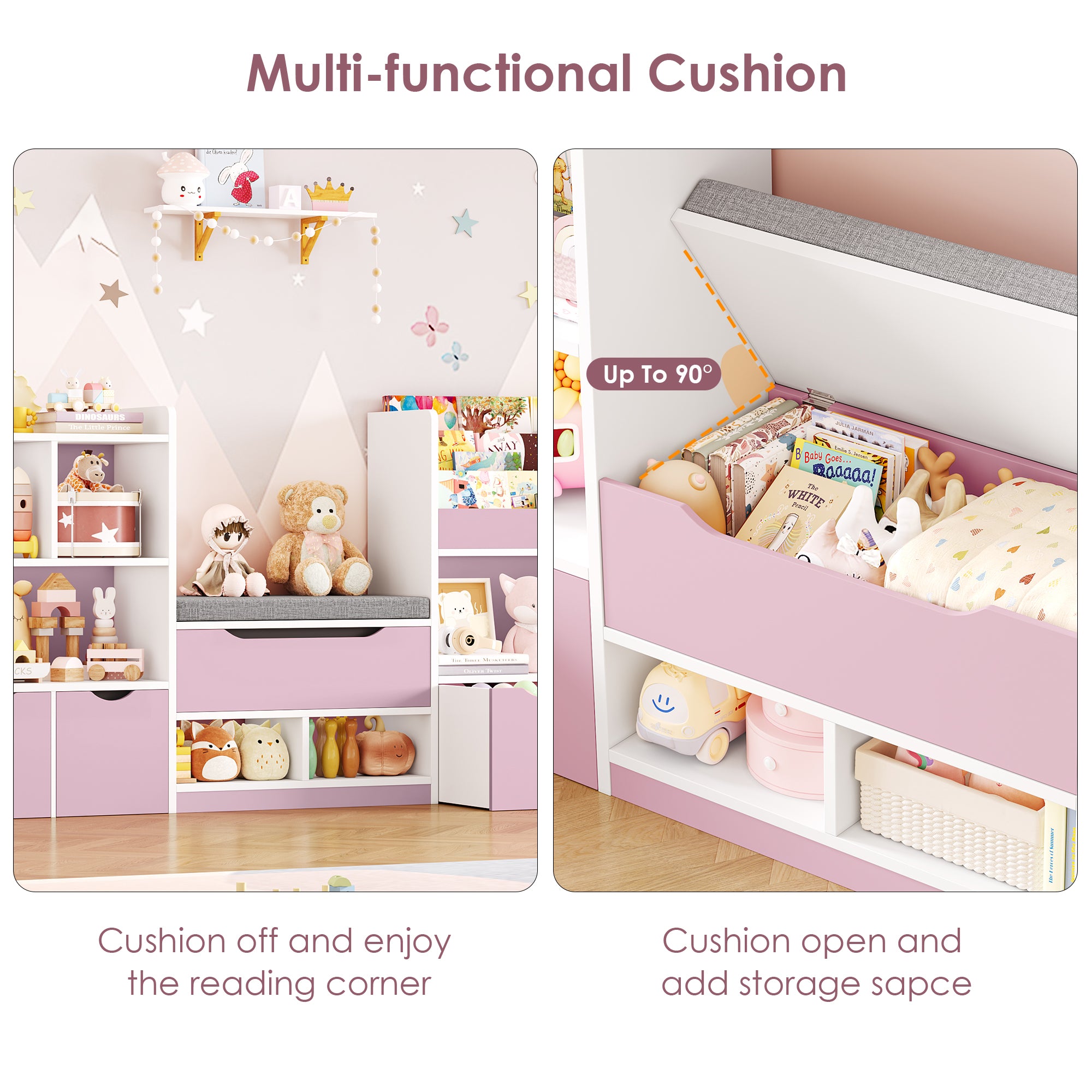 Hiphuta 72"Wide Kids Bookshelf with Reading Nook and Under Bench Storage, Kids Bookcase with Toy Organizer & Book Rack for Kids, Pink