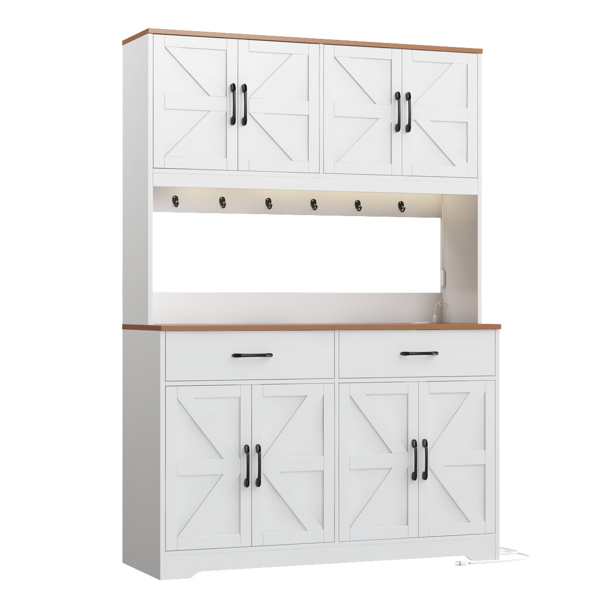 Hiphuta Kitchen Pantry Cabinet with RGB LED, Pantry Storage Cabinet with Metal Hooks and Charging Station, White