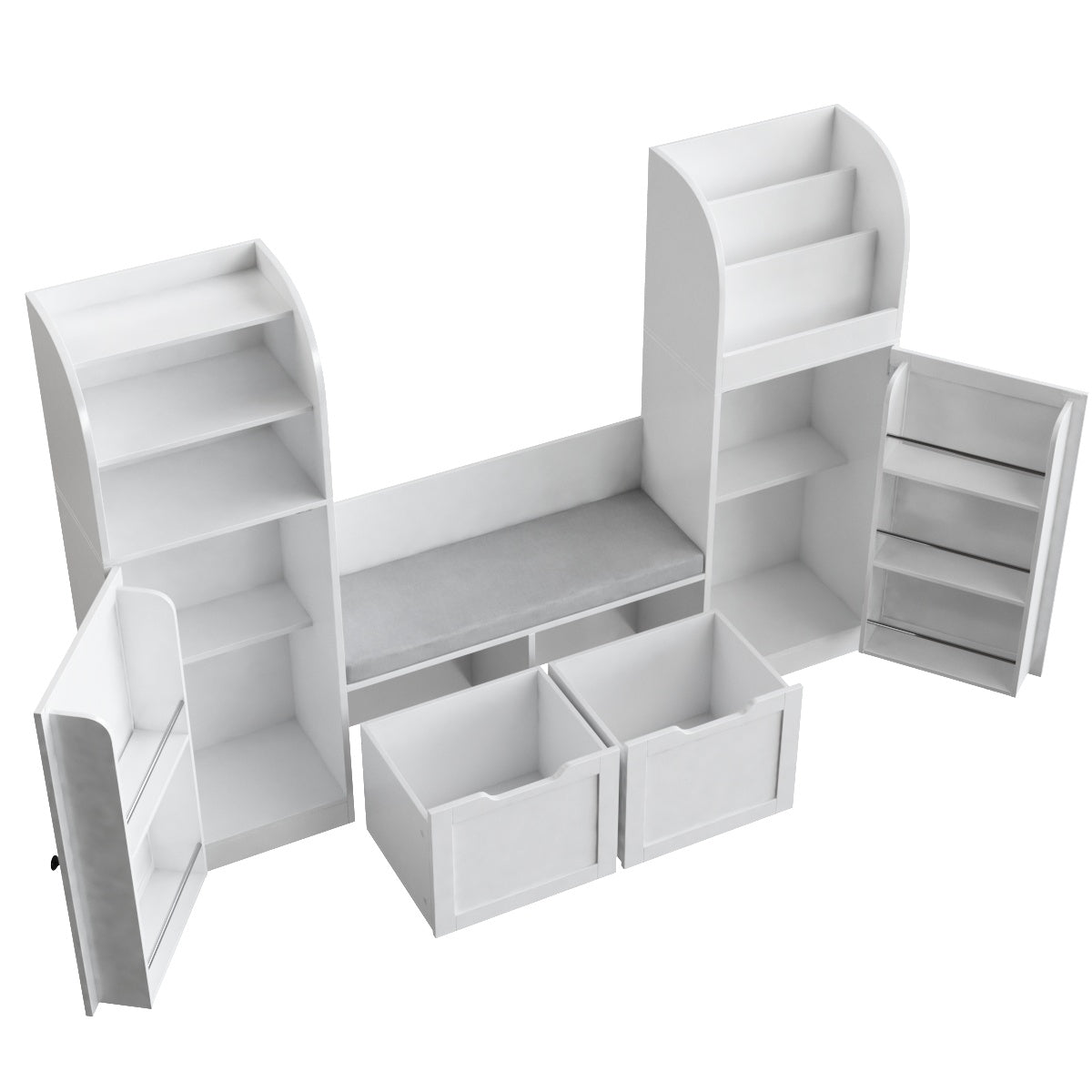 Hiphuta Kid Bookcase with Reading Nook and 2 Door-Mounted Shelves, Toy Storage Organizer with Cushioned Bench and Drawers, for Children's Bedroom Playroom, White