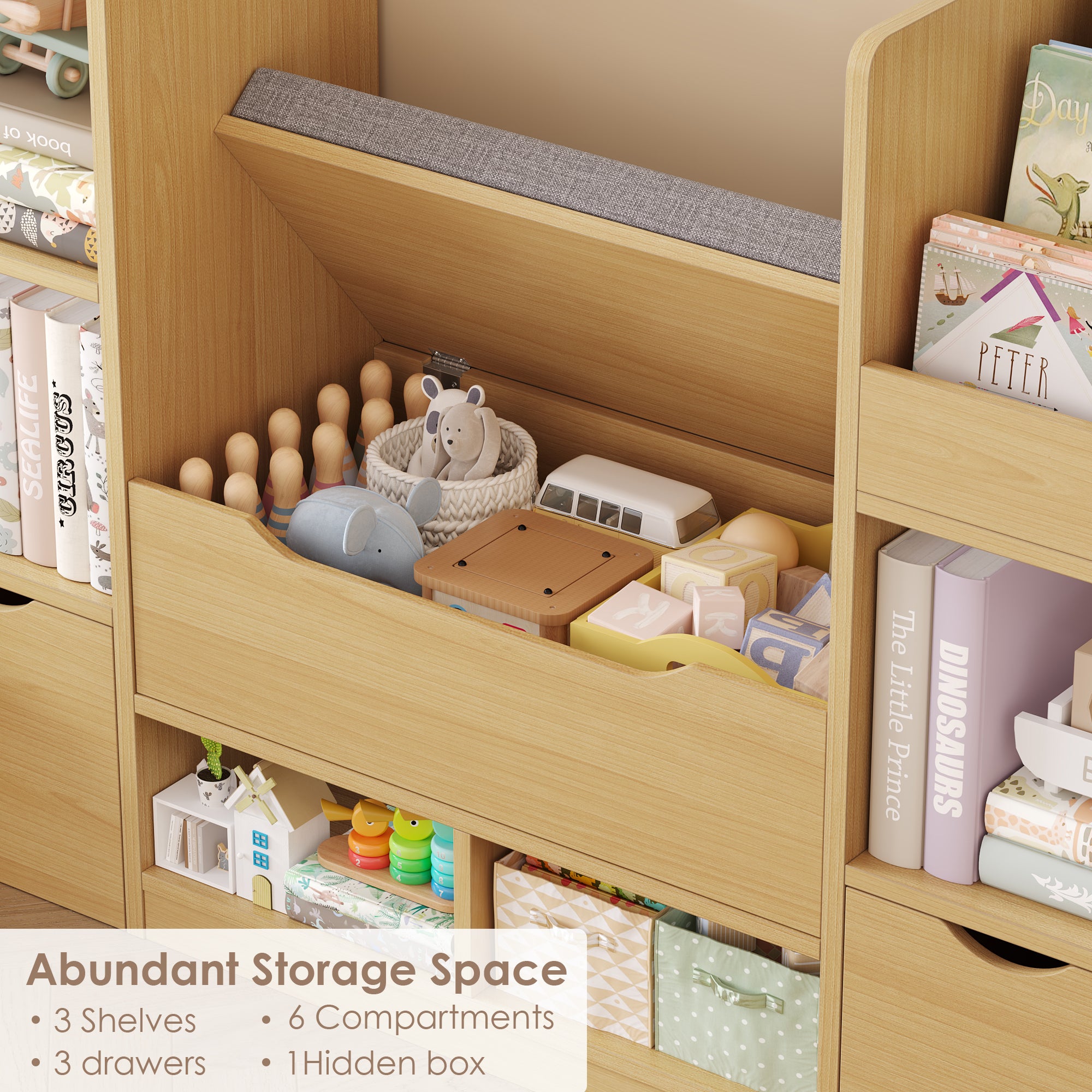 Hiphuta 72"Wide Kids Bookshelf with Reading Nook and Under Bench Storage, Kids Bookcase with Toy Organizer & Book Rack for Kids, Natural