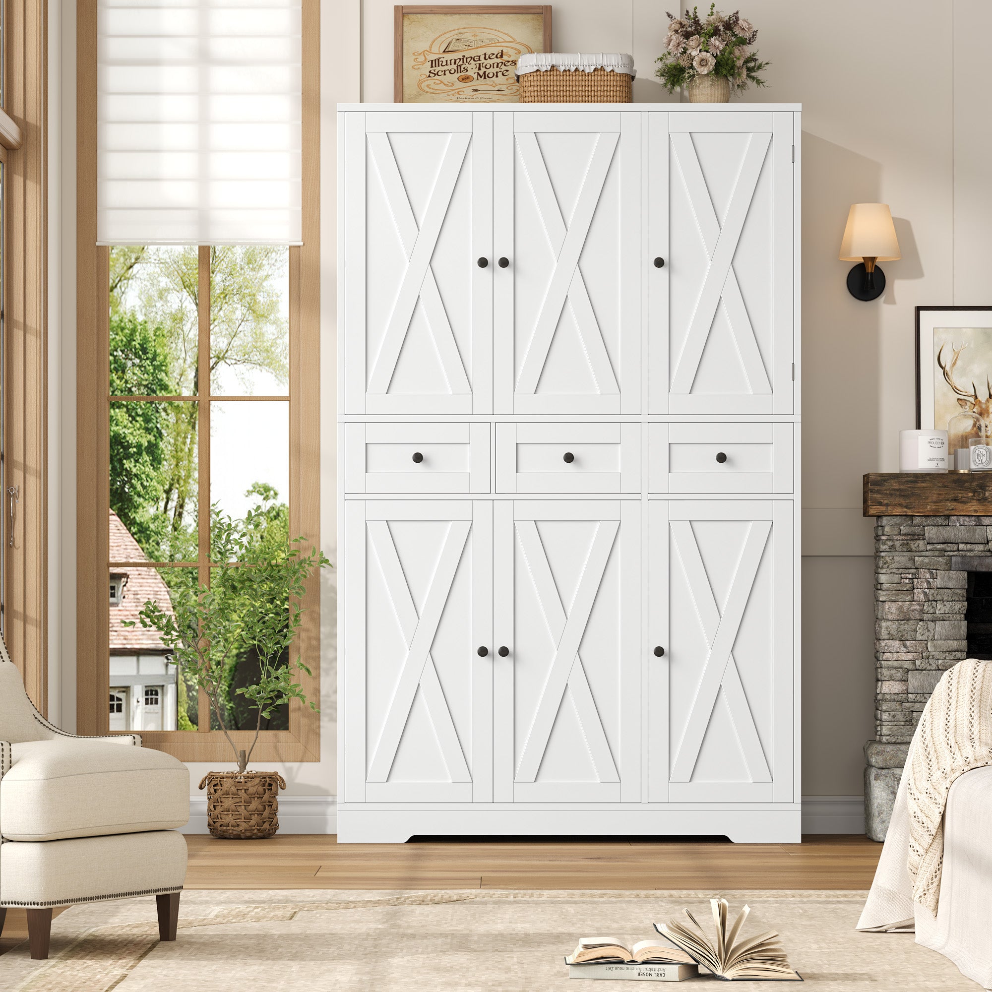 Hiphuta 67" Tall Farmhouse Kitchen Pantry Storage Cabinet with Door Shelves, 43" Wide Large Cupboard Hutch with 3 Drawers, White