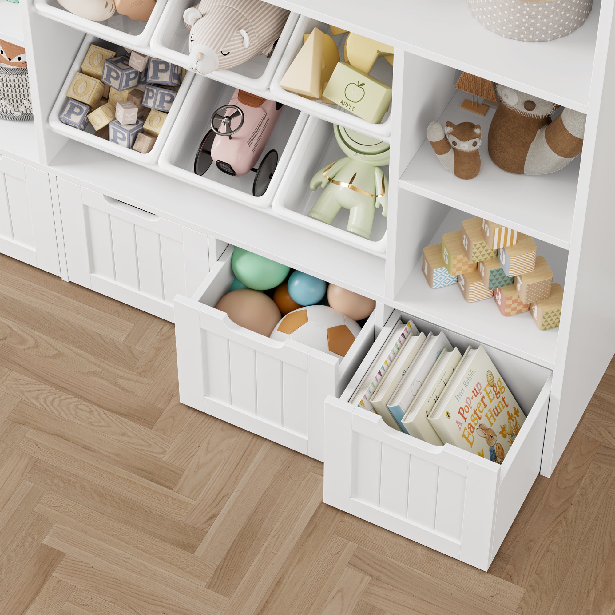 Hiphuta Large 4 Tier Kids Toy Organizer, Wood Toy Organizer of 6 Bins& 4 Removable Drawers, Children's Bookcase for Family Room, White