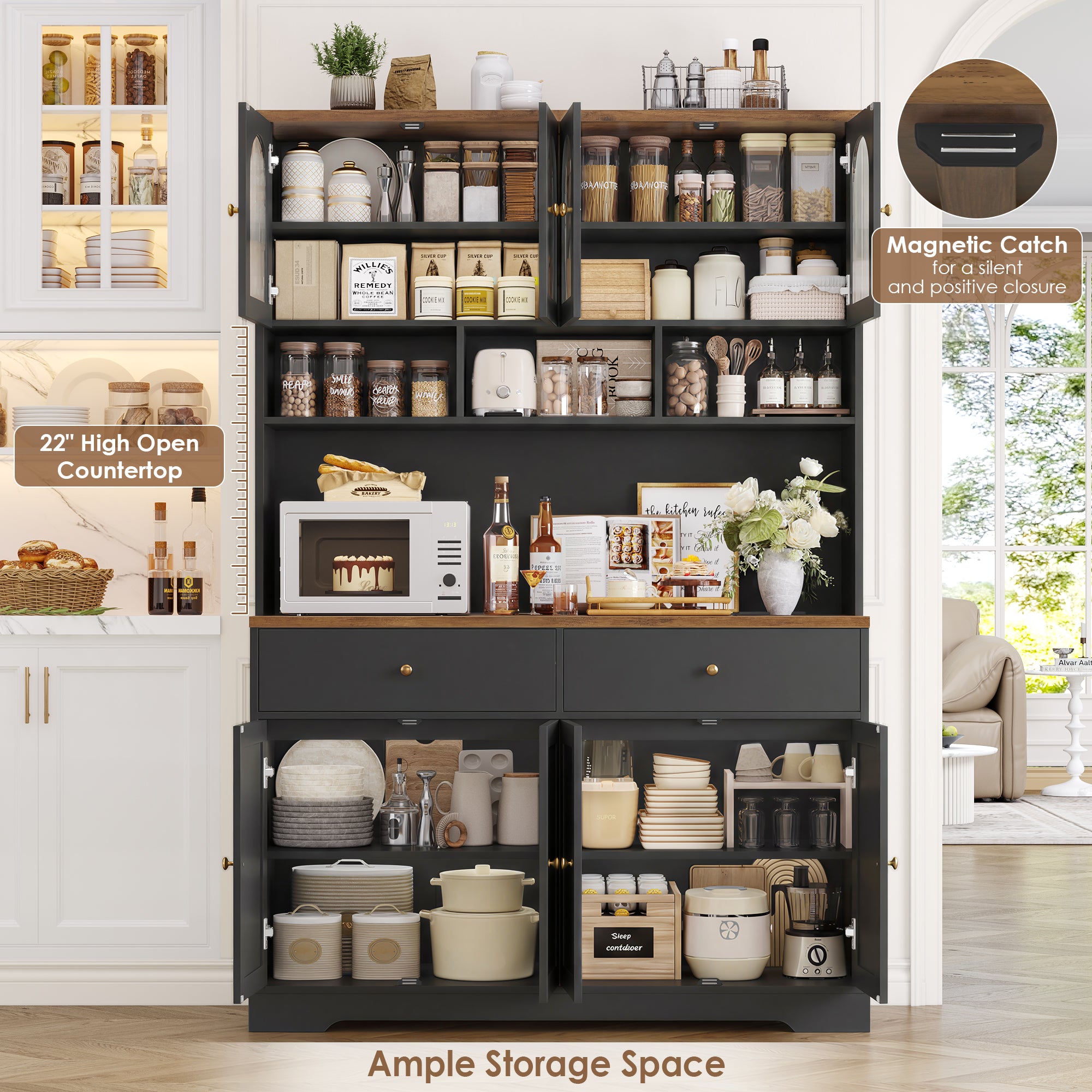 Hiphuta 71" Tall Pantry Cabinet with Arched Glass Doors, 47" Wide Kitchen Storage Cabinet with Microwave Stand & Charging Station, Hutch Cupboard for Kitchen Dining Room, Black