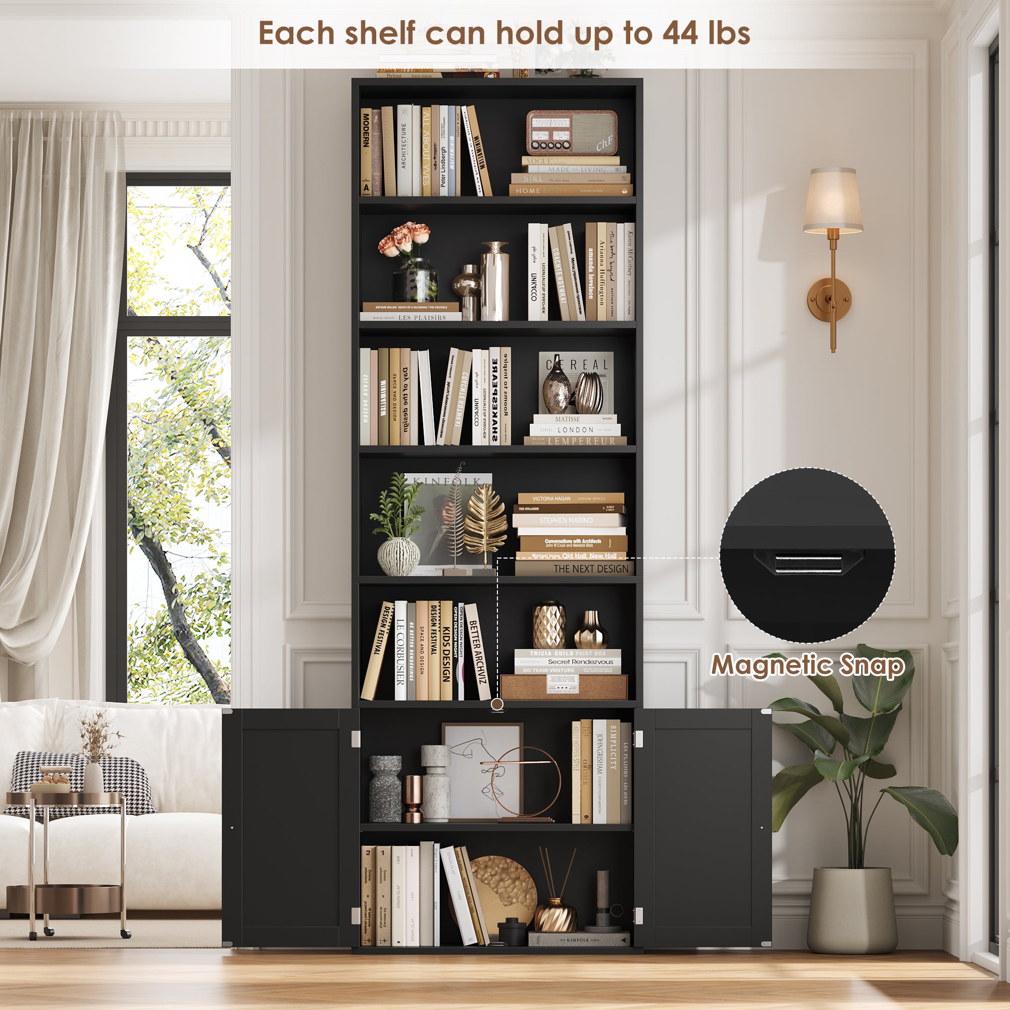 Hiphuta 81.5" Tall Bookcase with Doors, 5-Tier Bookshelves with Storage, 23.6"W Display Shelf with 2 Doors for Home Office, Living Room, Black