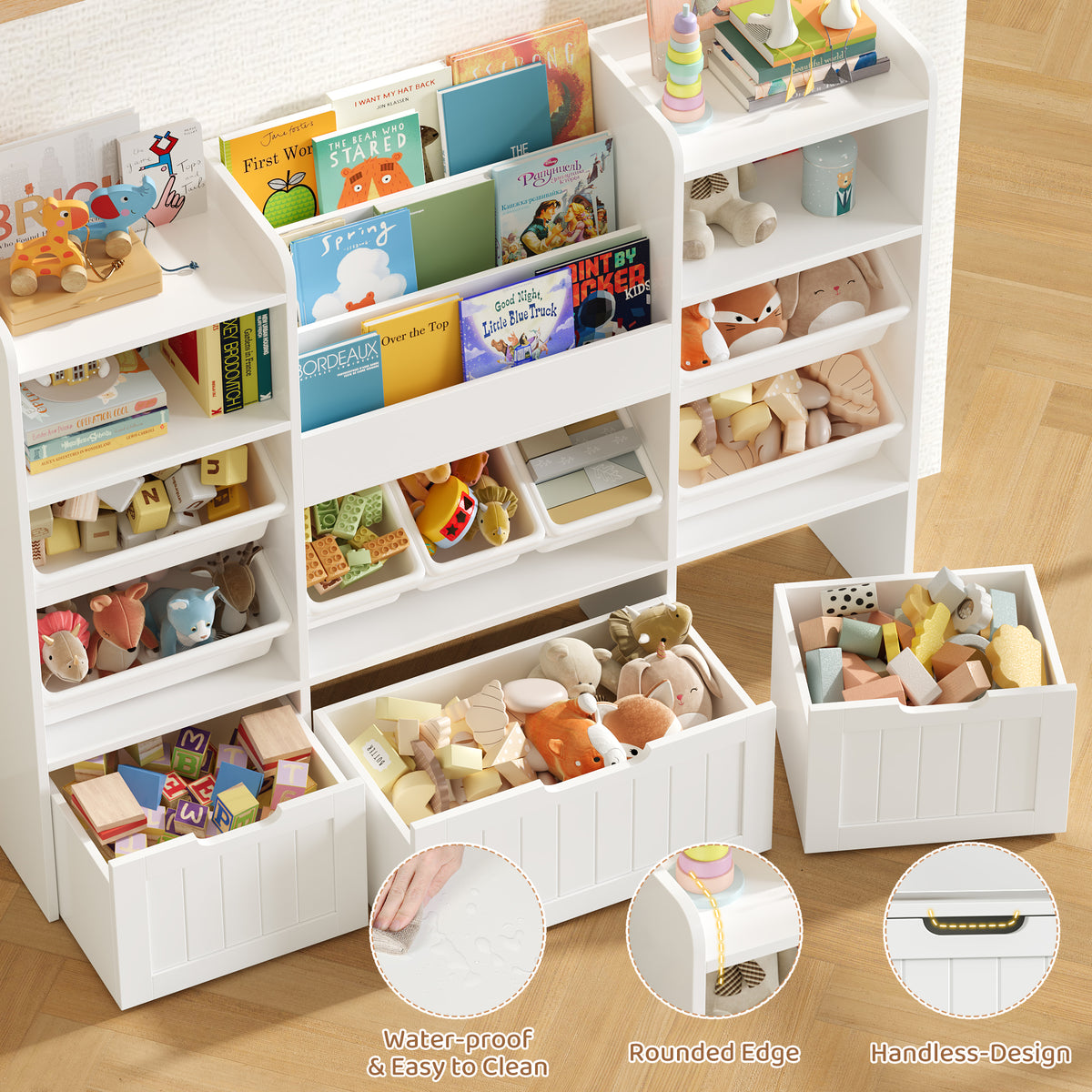 Hiphuta 56”W Kids Toy Storage Organizer with Bookshelf, 3 Removable Drawers & 7 Toy Boxes, Large Wood Toy Organizer for Playroom, Bedroom & Living Room, White