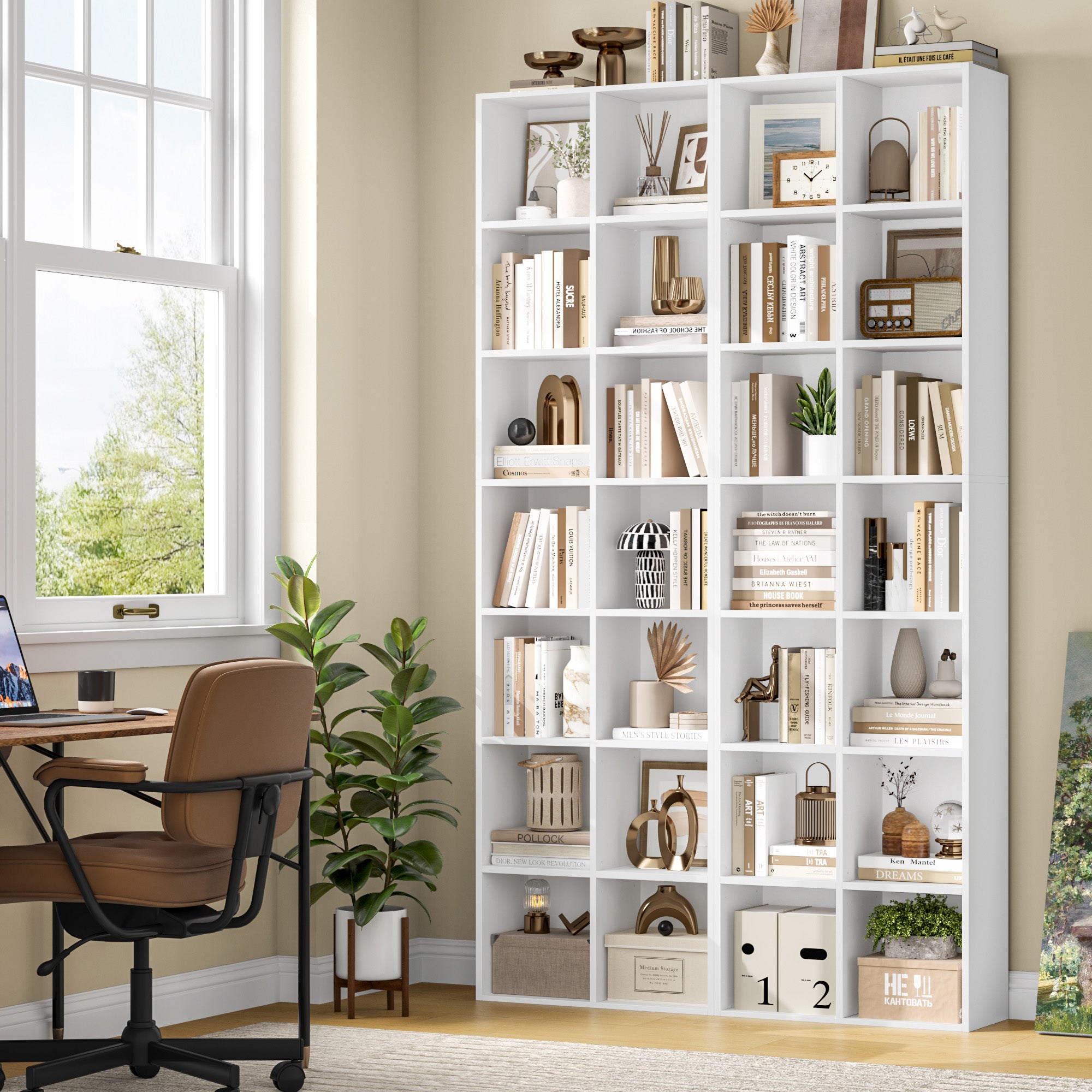 Hiphuta Tall Narrow Bookshelf 14 Tiers, Compact Corner Bookcase, Easy to Match for Living Room, Office, Study, Bedroom, White