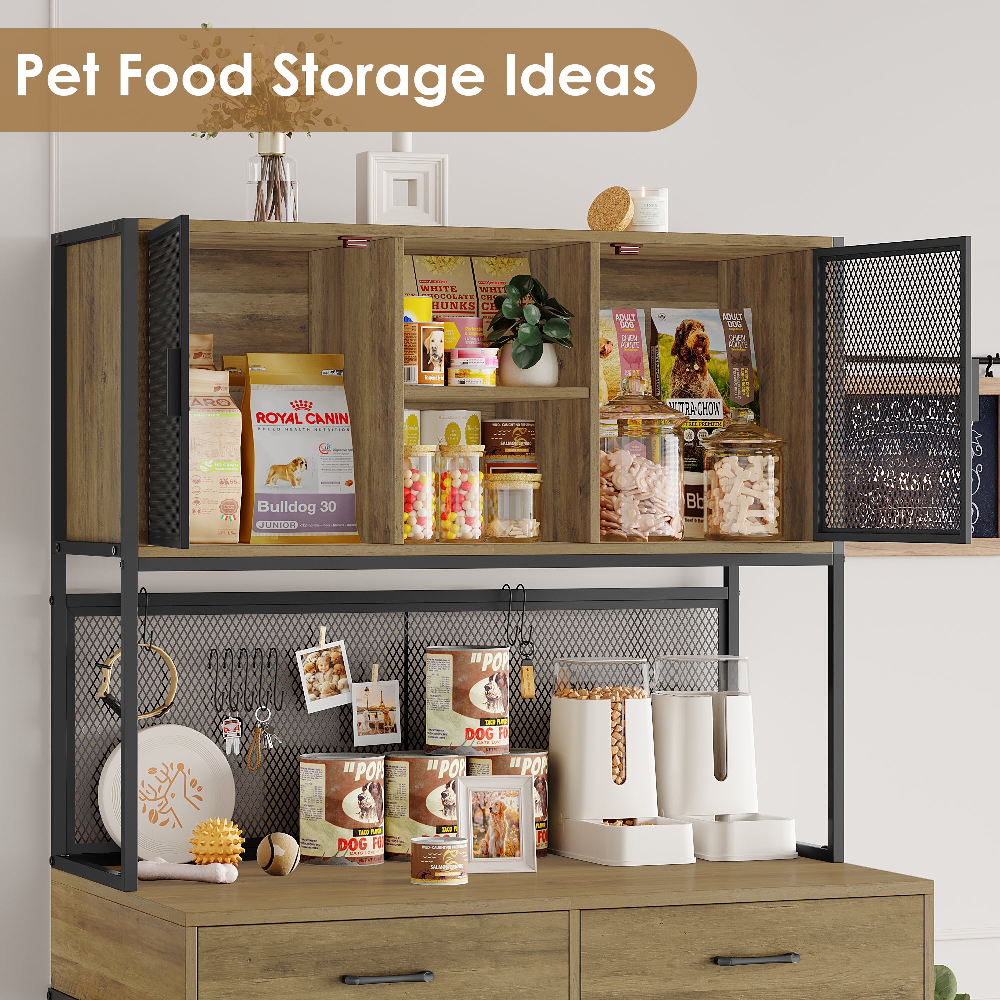 Hiphuta Dog Crate Furniture, Wooden Dog Crate with Drawers, Large Dog Cage Furniture for Living Room, Decorative Pet Sturdy Dog Kennel Furniture for Indoor, Rustic Brown