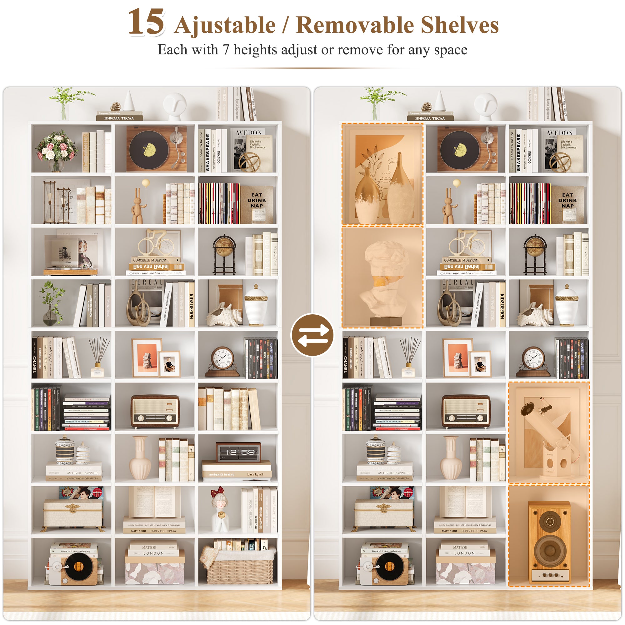 Hiphuta 27-Cube 9-Tier Bookcase, 75" Tall Triple-Wide CD Media Storage Organizer with 15 Adjustable Shelves, Freestanding Display Shelf, White