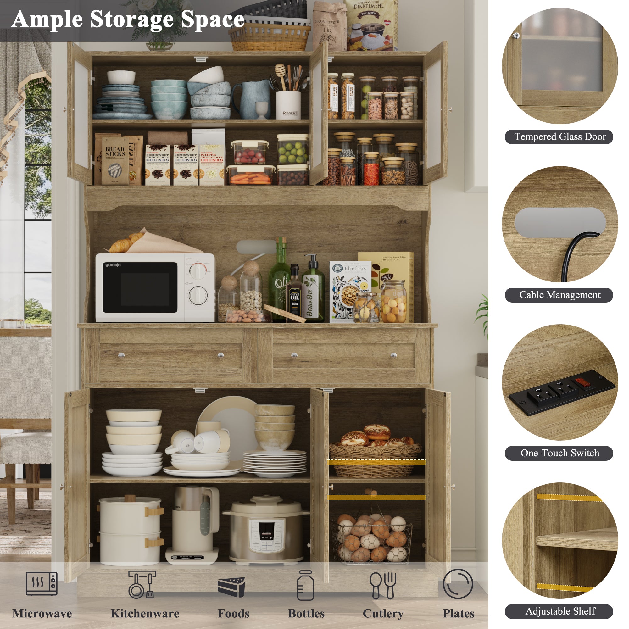 Hiphuta 72” Tall Kitchen Pantry Storage Cabinet with Power Outlet, Freestanding Cupboard Storage Buffet Hutch with Microwave Stand, Storage Pantry with Drawers & Glass Doors, Oak