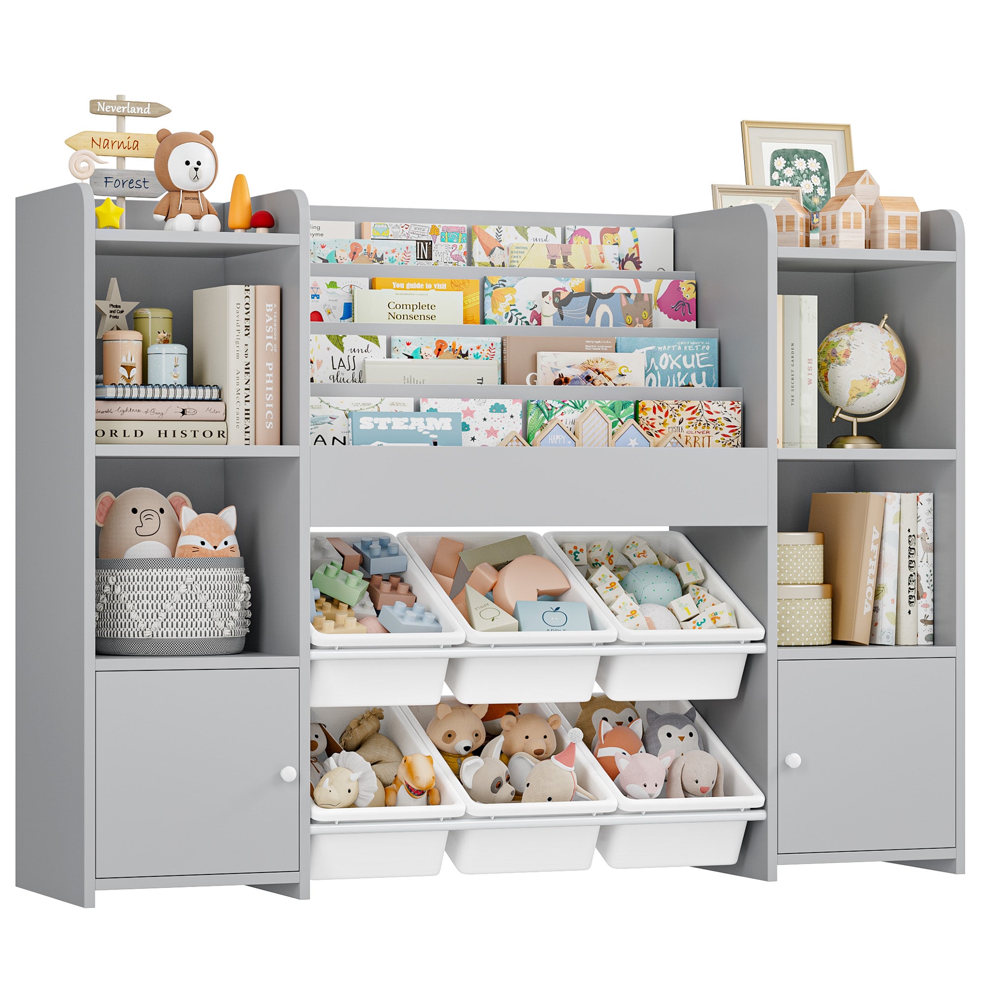 Hiphuta Kids Bookshelf with Toy Storage Organizer, Wood Bookcase Toy Organizer with 6 Removable Bins, Book Shelf for Kids Bedroom Playroom, Gray