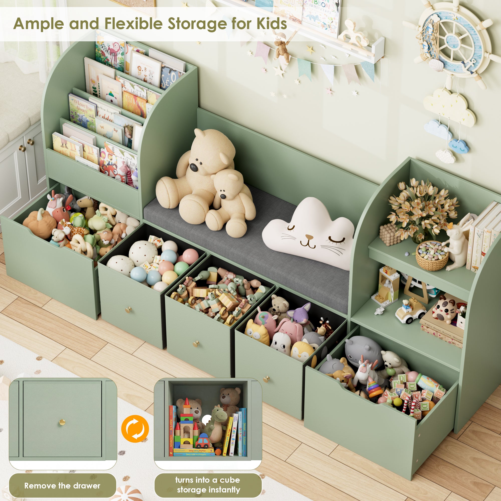 Hiphuta 71" Wide Kids Bookcase with Reading Nook, Large Toy Storage Organizer with 5 Drawers and Seat Cushion, Green