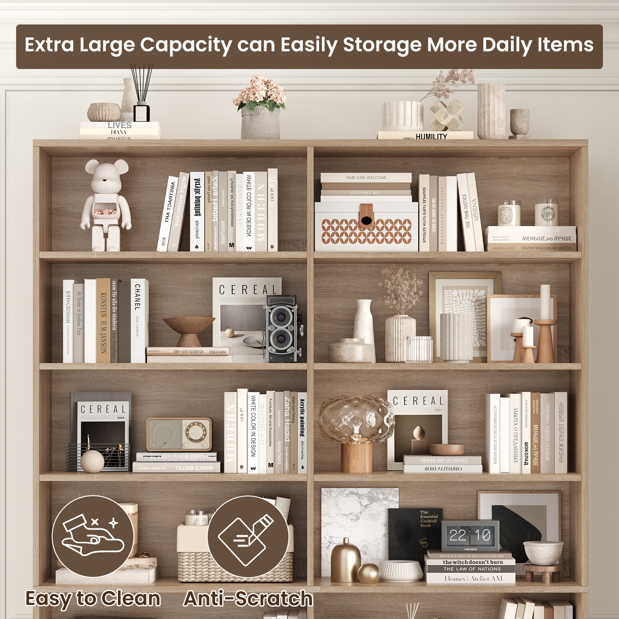 Hiphuta 83.6"H x 47.2"W Wood Double 7-Tier Standard Bookcase, Tall Bookcase for Bedroom, Living Room and Office, Freestanding Display Storage Shelves, Light Oak