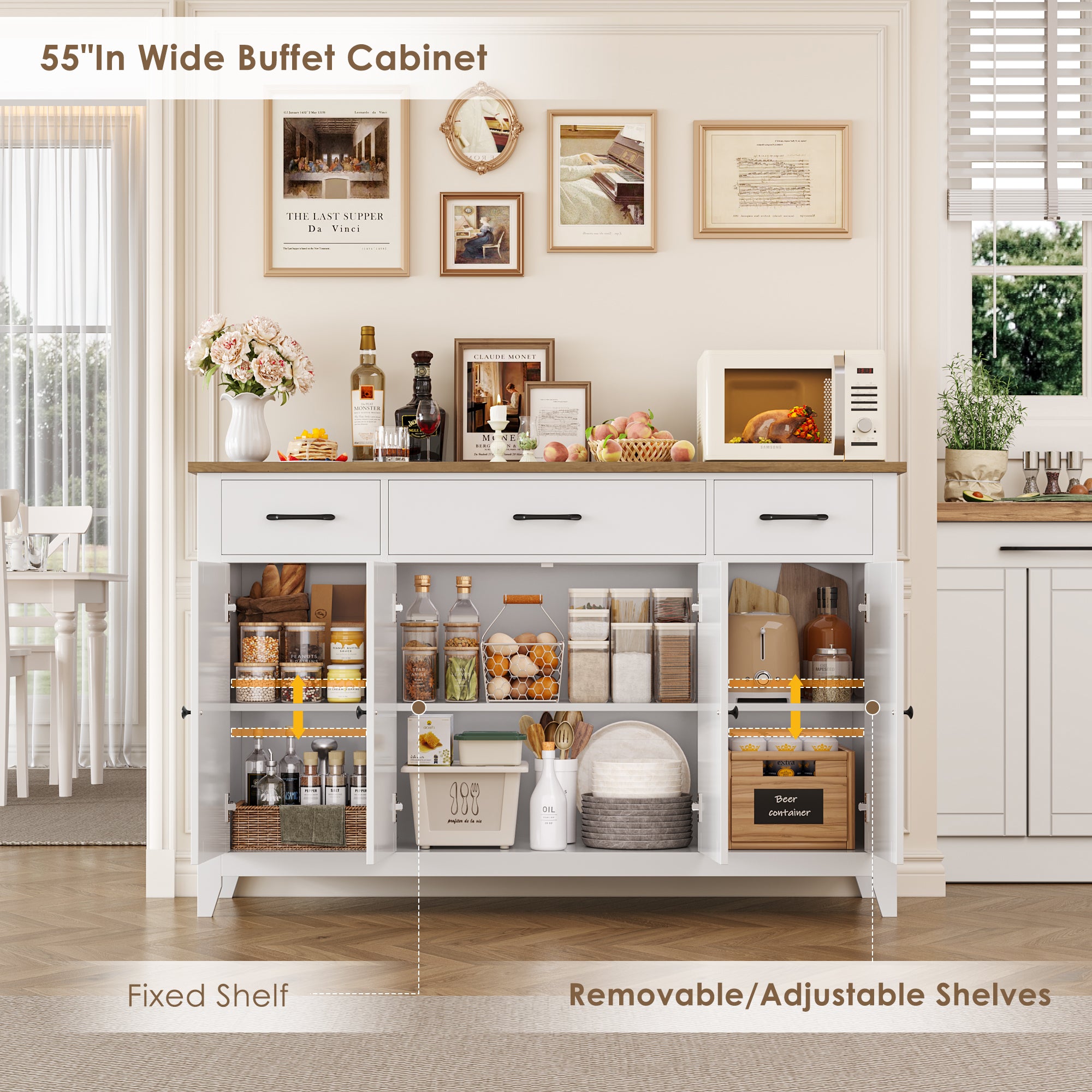 Hiphuta 55"Wide Buffet Cabinet with 2 Adjustable Shelves, Modern Farmhouse Coffee Bar with 3 Drawers and Sturdy Base for Living Room, White