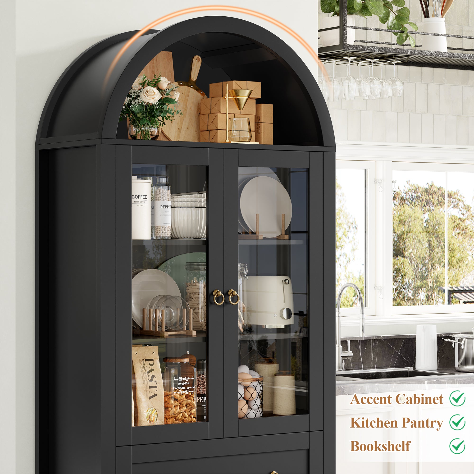 Hiphuta 70" Tall Arched Kitchen Pantry Storage Cabinet with 2 Large Drawers, Freestanding Modern Farmhouse Versatile Hutch Cupboard for Dining Room, Black