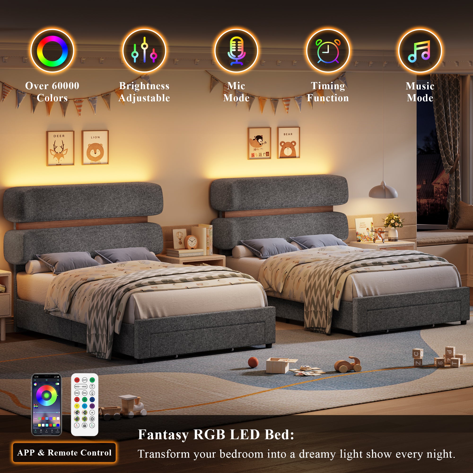 Hiphuta Chenille Twin Bed Frame, Twin Size Upholstered Beds with Storage Drawer and LED, Gray
