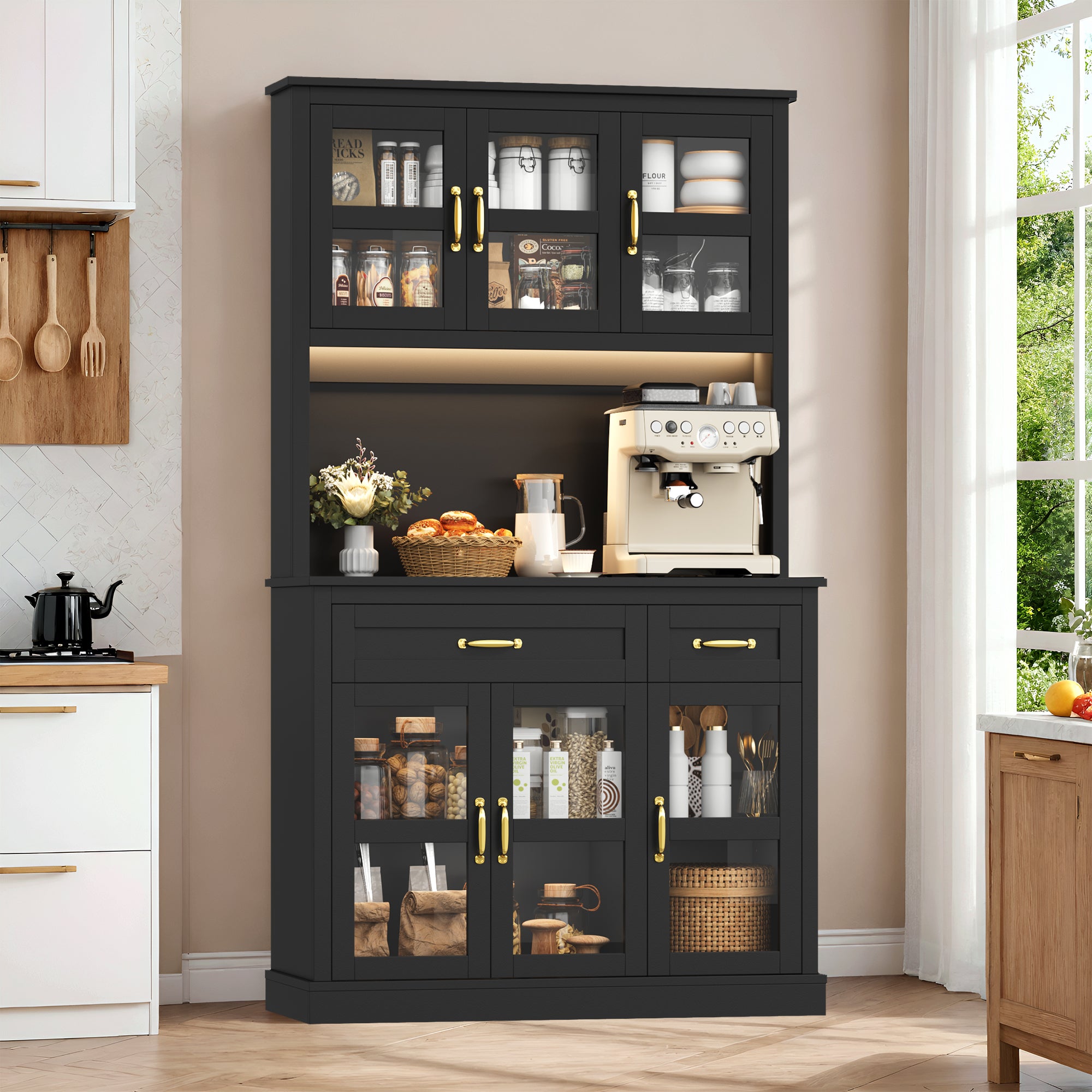 Hiphuta 71" Pantry Cabinet with Charging Station, Kitchen Pantry Storage Cabinet with Microwave Stand & Wine Rack, Food Pantry Cabinet with Countertop for Dining Room, Black