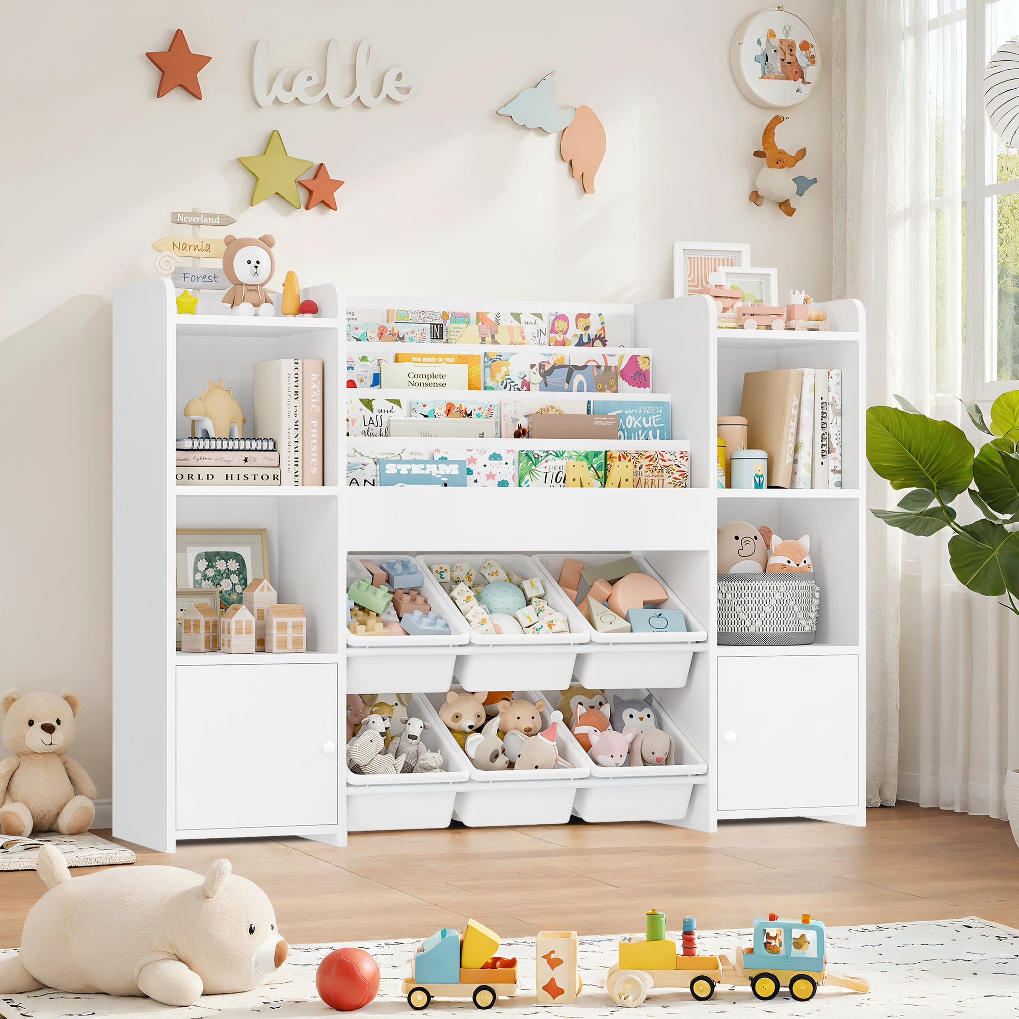 Hiphuta Kids Bookshelf with Toy Storage Organizer, Wood Bookcase Toy Organizer with 6 Removable Bins, Book Shelf for Kids Bedroom Playroom, White