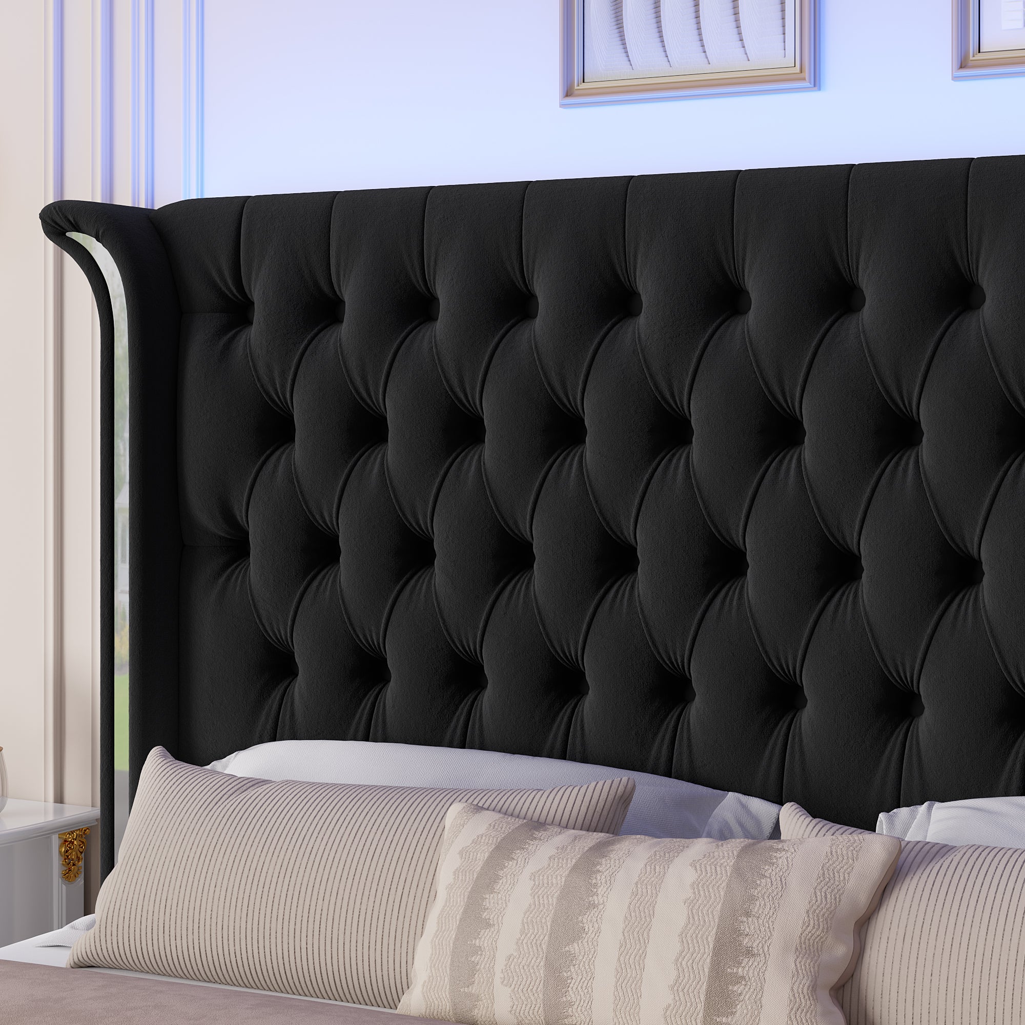 Hiphuta Queen Bed with LED Light, Cama Queen Platform Bed with Button Tufted Velvet Upholstered Headboard, Black