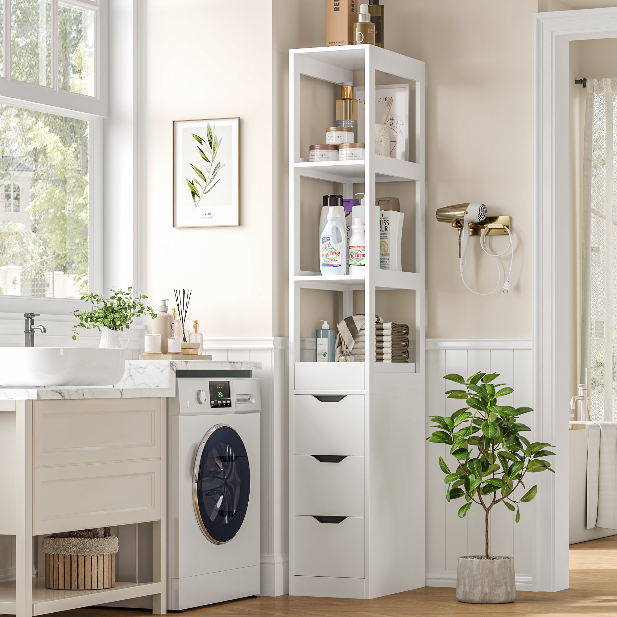 Hiphuta Bathroom Storage Tower with 3 Drawers, 67" Tall Bathroom Cabinet with 3-Tier Open Shelves, Narrow Linen Cabinet for Small Spaces, White