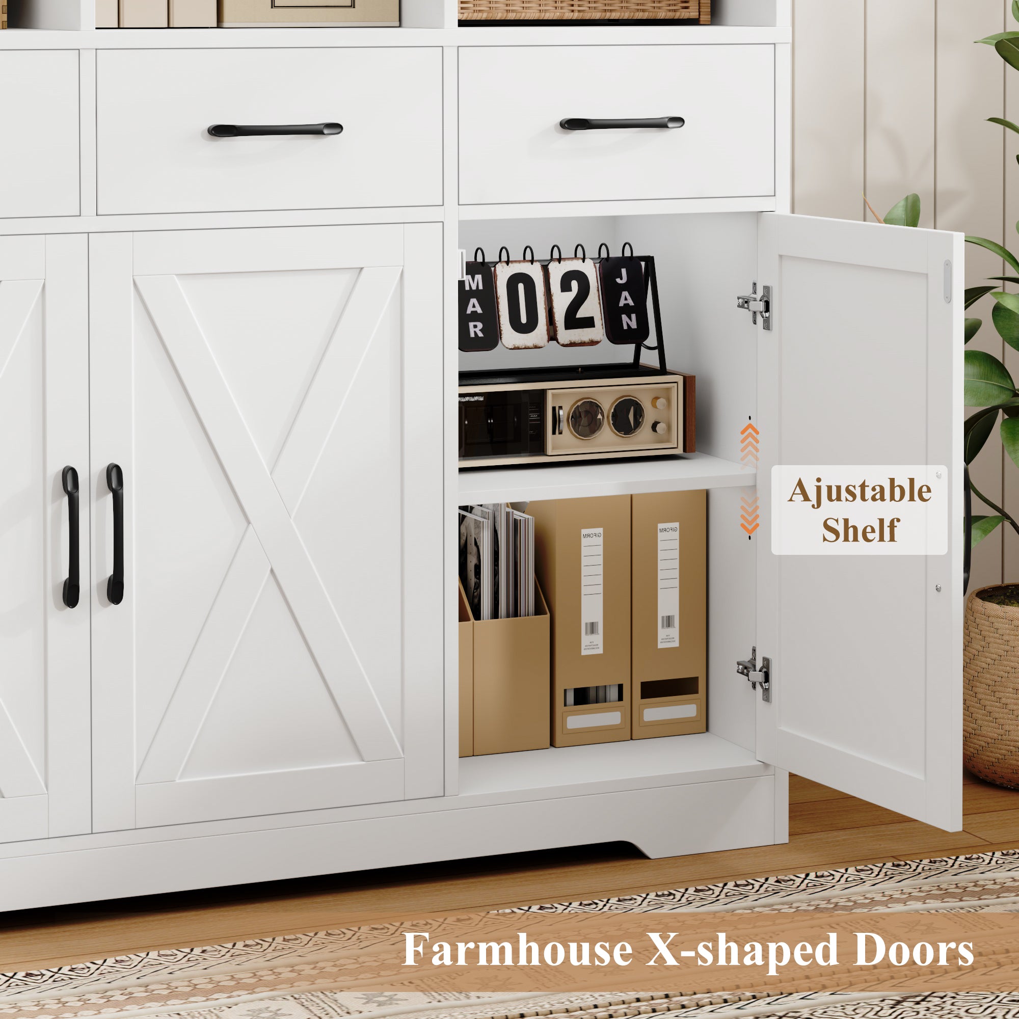 Hiphuta 71" Tall Bookcase with 3 Drawers and Doors, 43" Wide Farmhouse Bookcase with 8 Open Compartments for Office Living Room, White