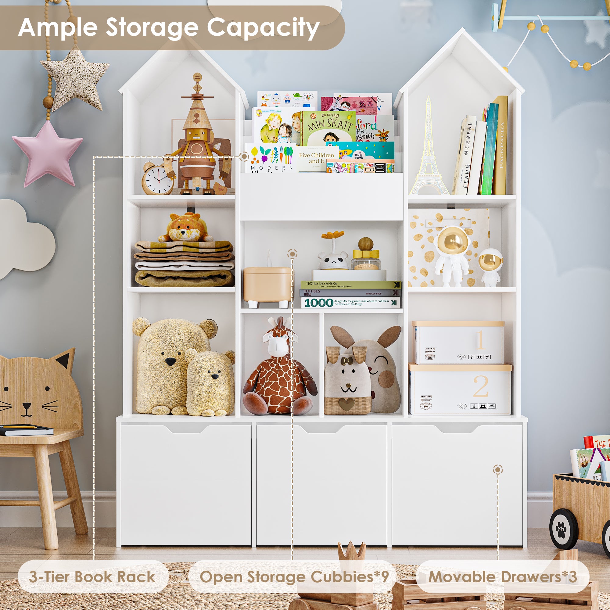 Hiphuta Kid’s Toy Storage Organizer with 3 Removable Drawers, Children's Bookcase with Book Rack for Playroom, White