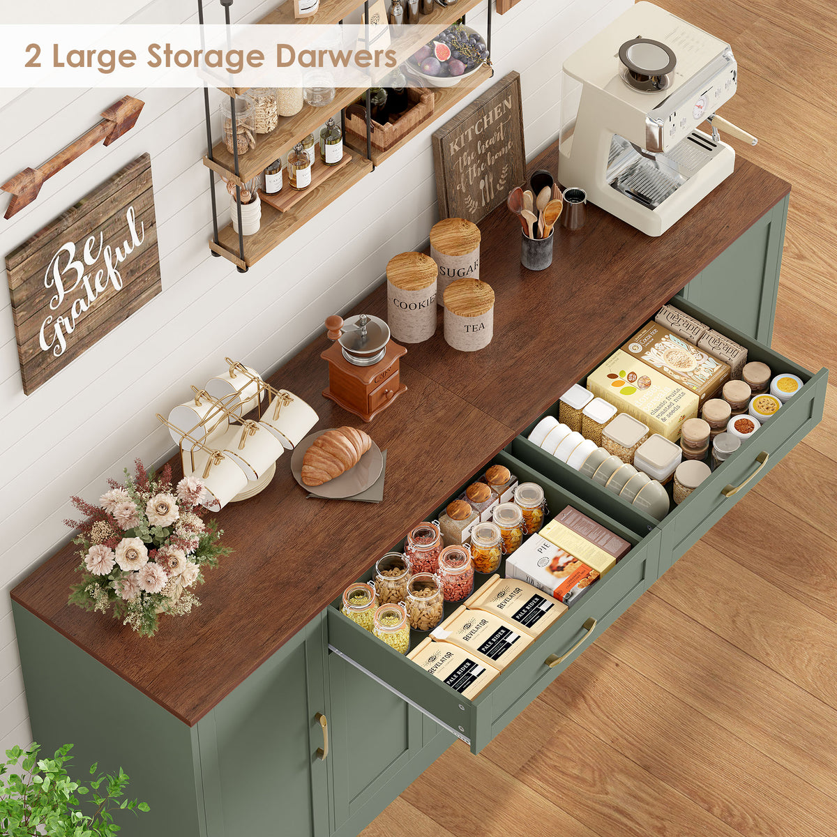 Hiphuta 70.8"W Large Buffet Cabinet with 6 Doors, Modern Farmhouse Sideboard with 2 Drawers, Coffee Bar for Kitchen Dining Room Living Room, Green