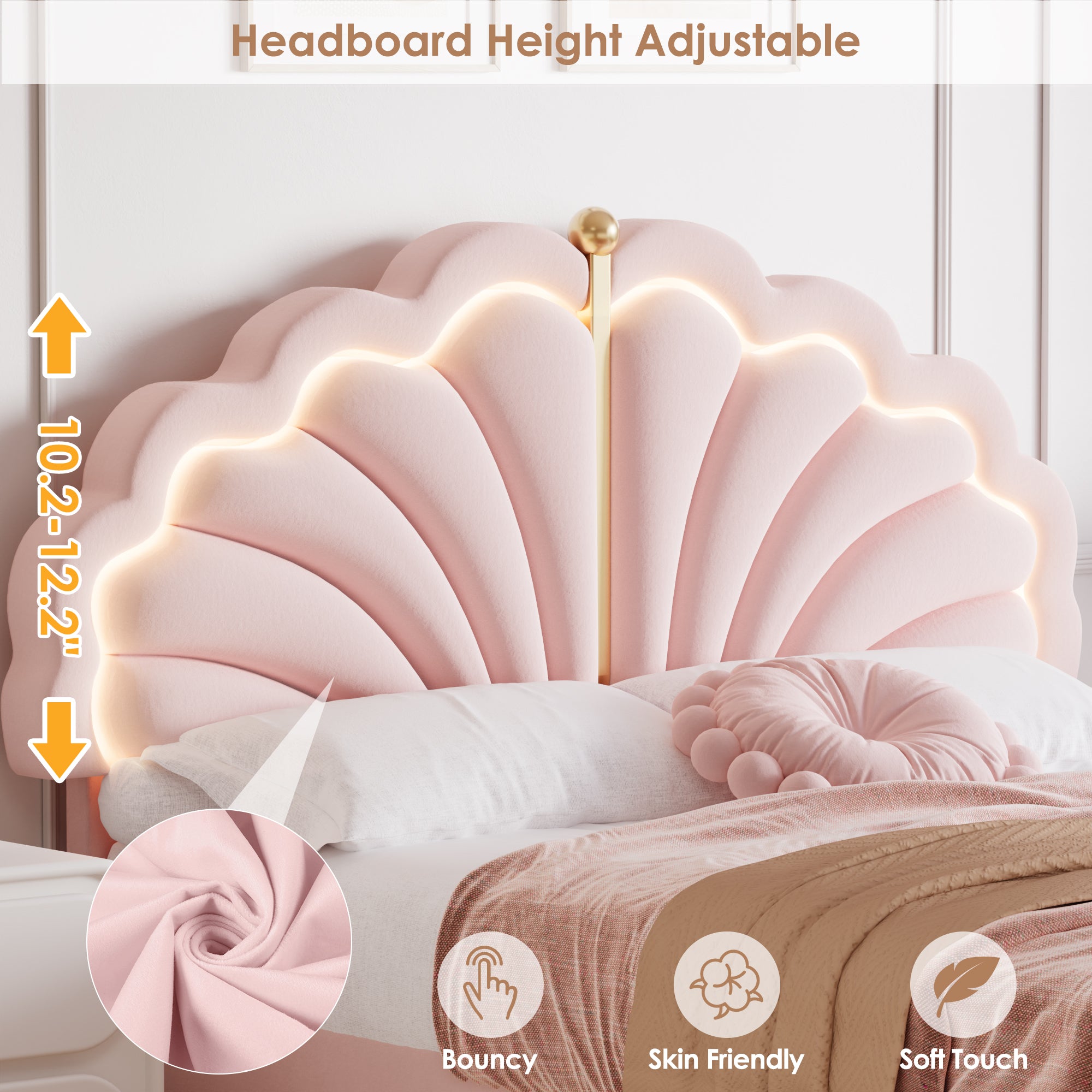 Hiphuta Kids LED Full Bed with 2 Drawers, LED Lights Platform Bed Frame with Upholstered Tufted Headboard, No Box Spring Needed, Velvet Pink