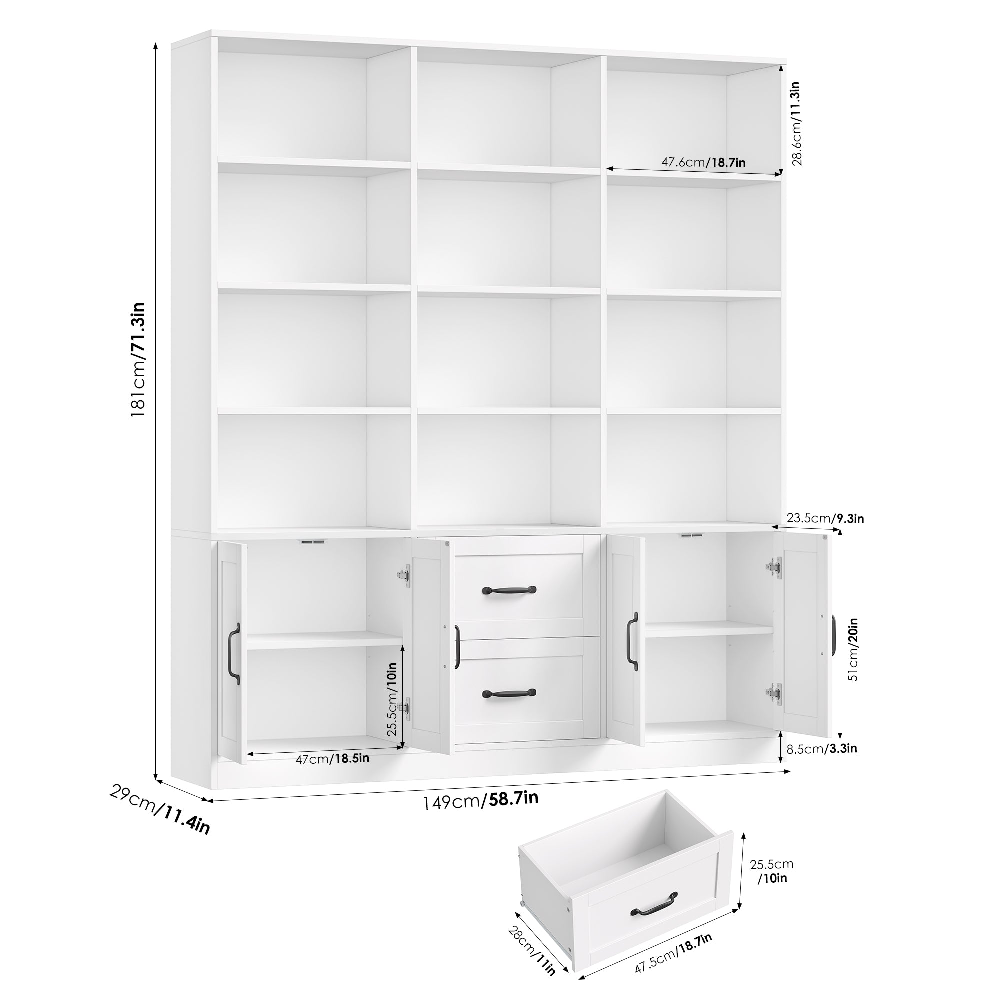 Hiphuta Triple Row 4-tier Bookcase, Large Bookcase with 4 Doors and 2 Drawers, Modern Minimalist Bookcase for Office Living Room, White