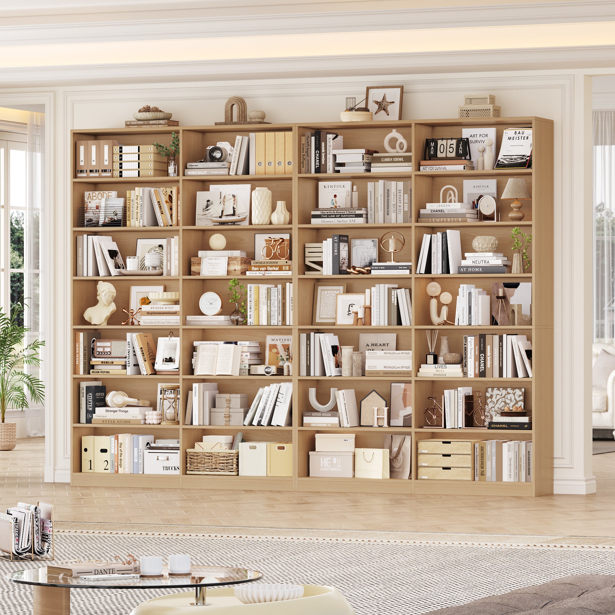 Hiphuta 83.6"H x 47.2"W Wood Double 7-Tier Standard Bookcase, Tall Bookcase for Bedroom, Living Room and Office, Freestanding Display Storage Shelves, Natural