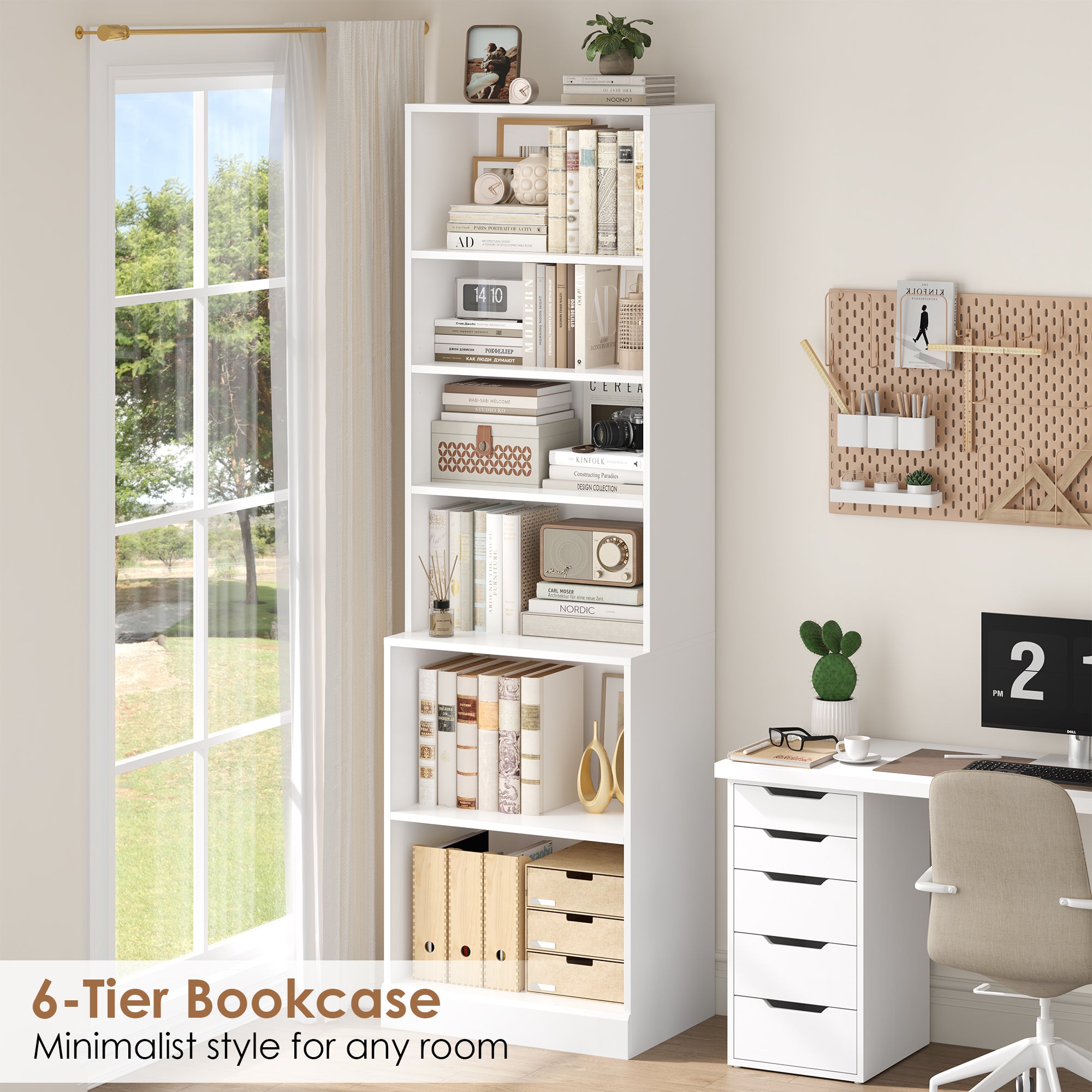 Hiphuta 73 in Tall 6-Tier Bookcase, 22" Wide Bookcase with Adjustable Shelf, Modern Minimalist Bookshelf for Home Office, Living Room, White