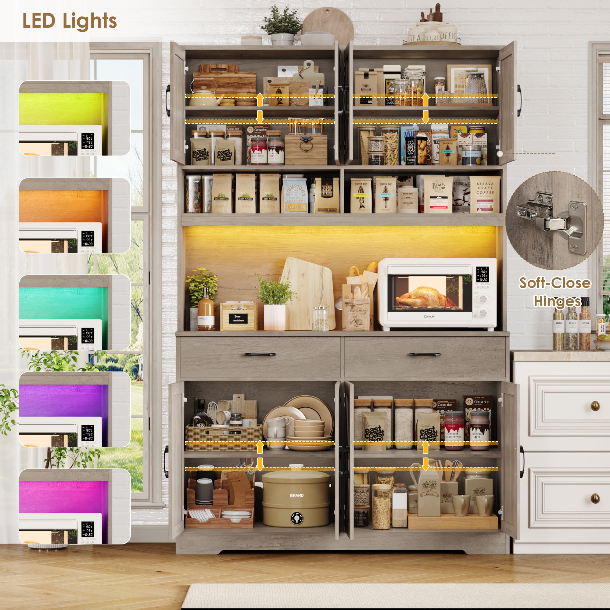 Hiphuta Farmhouse Kitchen Pantry Storage Cabinet, 75”H Freestanding Hutch with 8 Doors and 2 Drawers for Dining and Living Room, Ash Gray