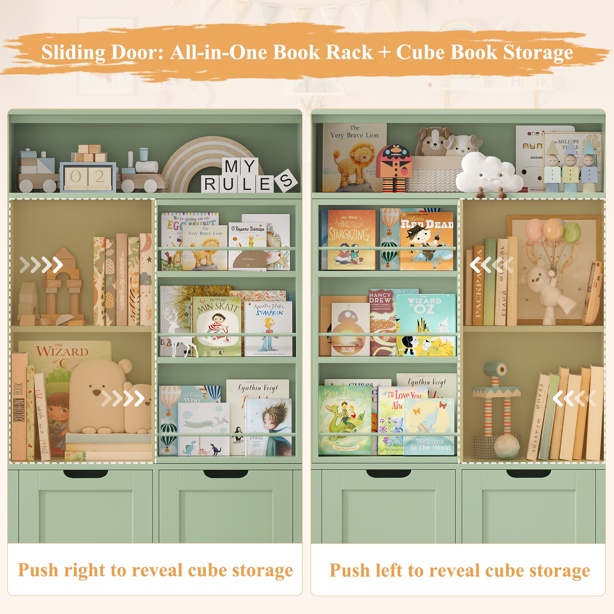 Hiphuta Kid Toy Storage with Bookshelf, Kid Toy Organizer with 4 Removable Drawers, Kid Bookcases with Toy Box for Kid Bedroom Playroom, Green